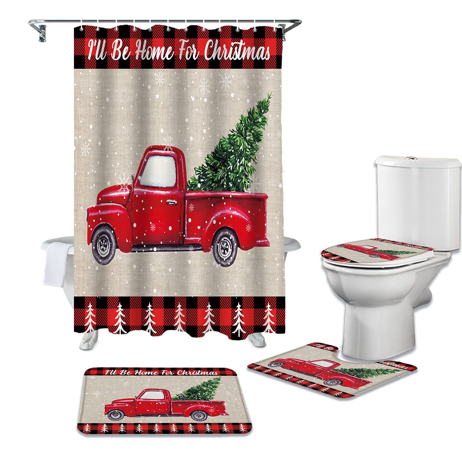 4-Piece Rustic Christmas Farmhouse Shower Curtain Set with Waterproof Bath Curtain, Non-Slip Bath Rugs, U-Shaped Toilet Pad & Lid Covers - Buffalo Plaid Border - Perfect for Holiday Bathroom Decor & Cozy Farmhouse Style