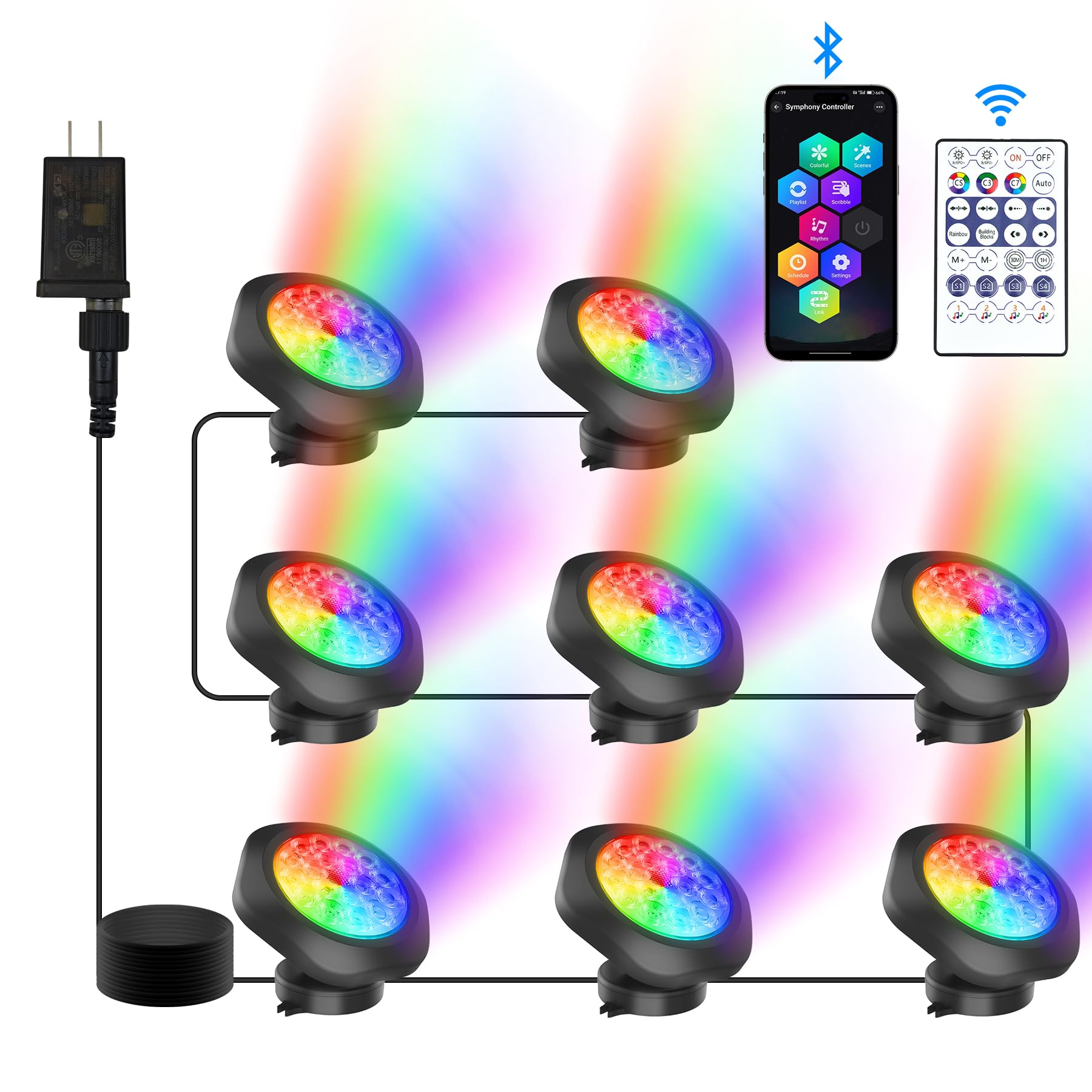 RGB Underwater Pond Lights - 18 Super Bright LED Submersible Fountain Lights with Color Changing & Bluetooth APP Control | IP68 Waterproof for Fish Tank, Aquarium, Garden, Pool & Yard Decor | Perfect for Nighttime Landscape Lighting & Water Feature Illumination (Set of 8)