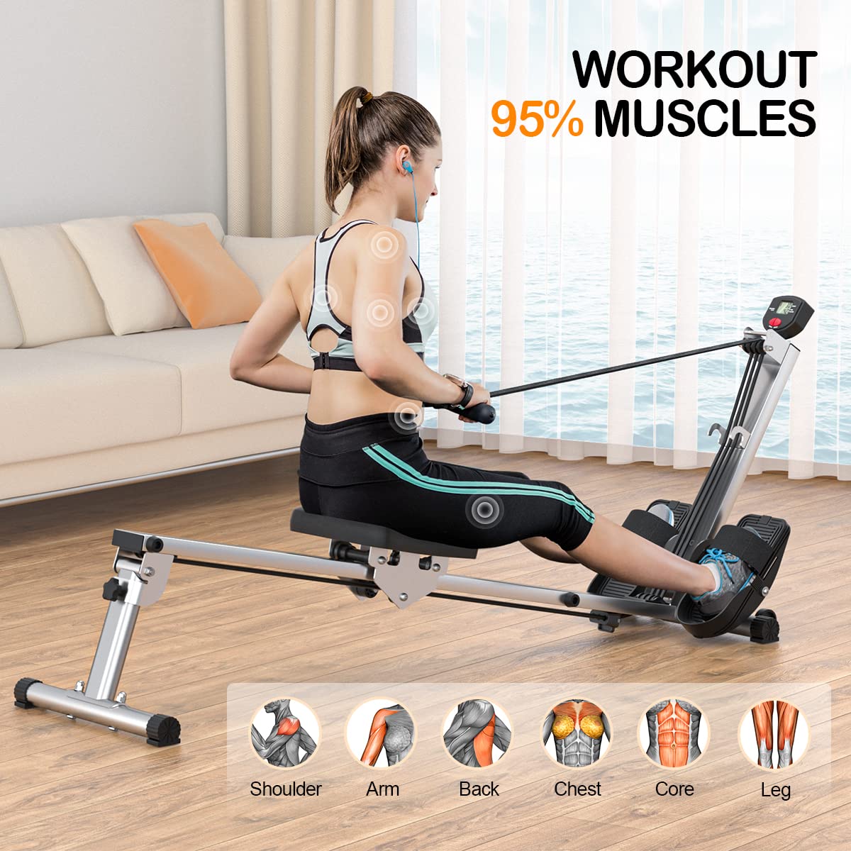 Premium Rowing Machine for Home Gym - Adjustable Resistance, Ultra-Quiet Rower with 300LBS Weight Capacity | Perfect for Cardio Workouts, Full-Body Training & Small Space Fitness
