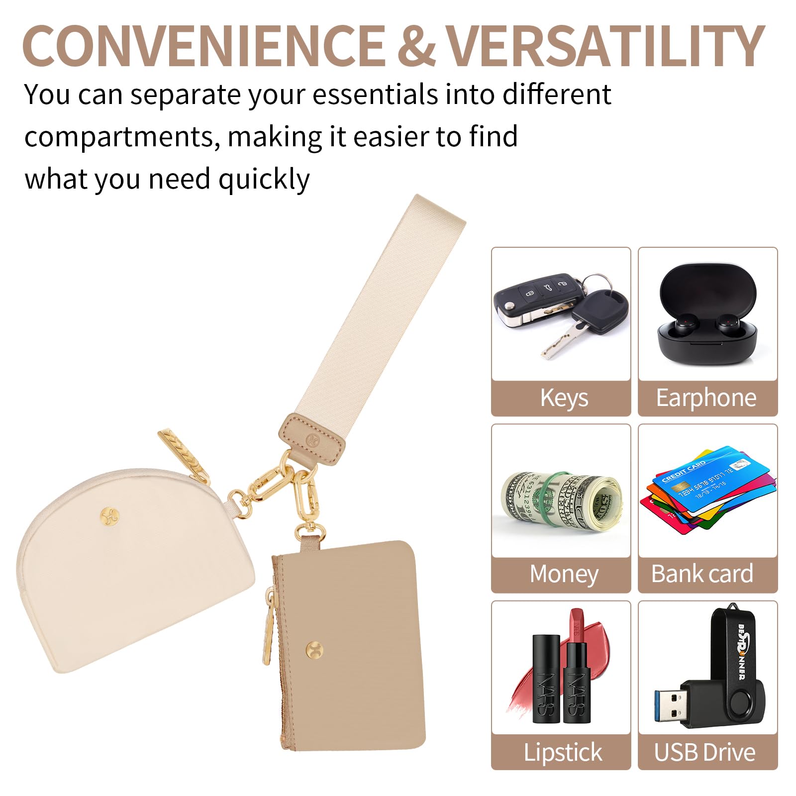 Detachable Keychain Wallet for Women & Men - Dual Pouch Mini Zip Around Wristlet with Coin Purse (Khaki & White) | Portable Travel & Everyday Essentials Organizer