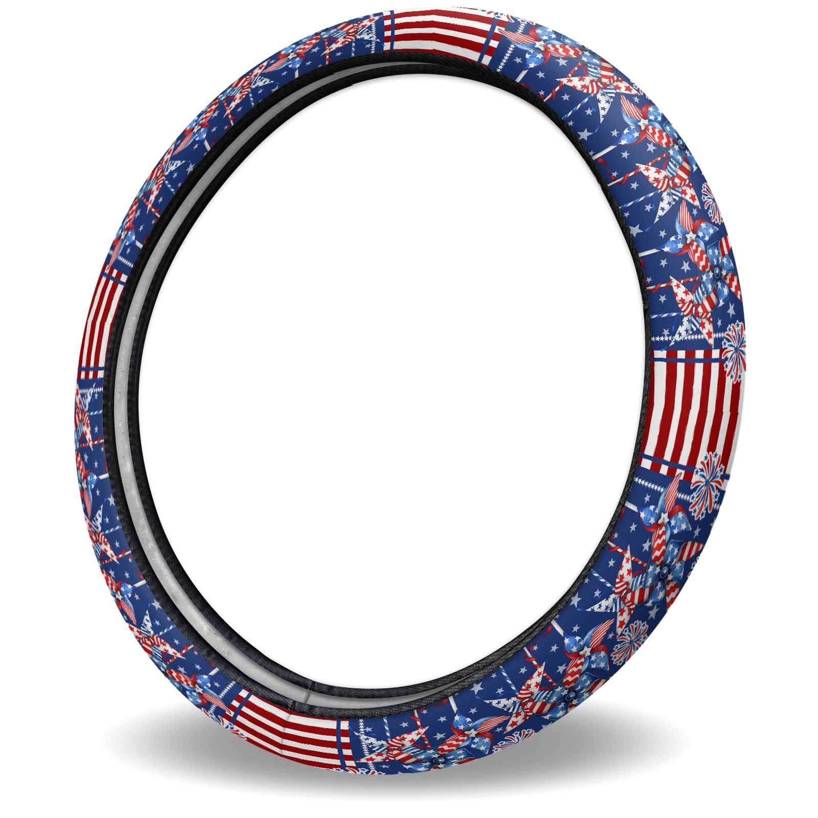 4th of July Themed Steering Wheel Cover - American Flag Stars & Fireworks Design, Red Blue Elastic Sponge Grip, Non-Slip Protective Cover for Cars, SUVs, Trucks & Vans | Perfect for Patriotic Holidays, Road Trips & Summer Driving