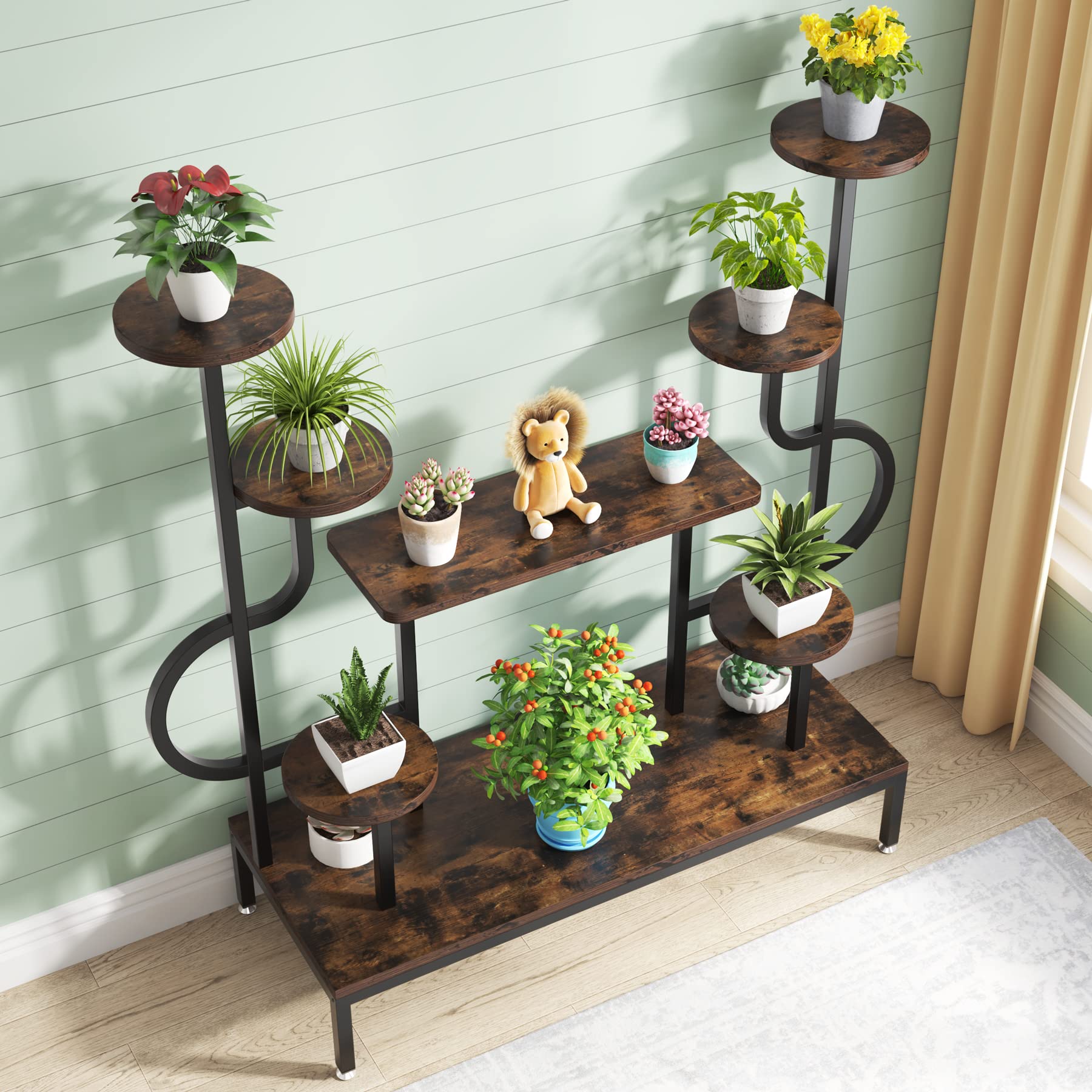 Tribesigns 8-Tier Metal Plant Stand - Tall Indoor/Outdoor Plant Shelf with Round & Square Boards for Multiple Plants - Rustic Brown & Black Flower Rack for Living Room, Patio, Balcony - Perfect for Home Decor, Garden Display & Small Space Organization