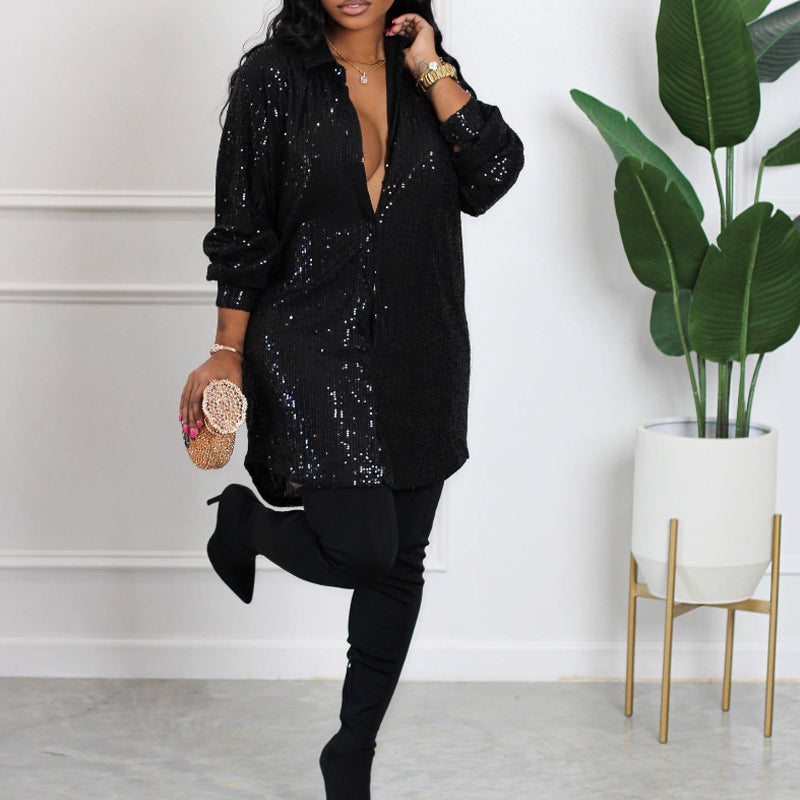 Elegant Solid Color Sequined Loose Shirt Dress for Women - Perfect for Parties, Weddings & Evening Events