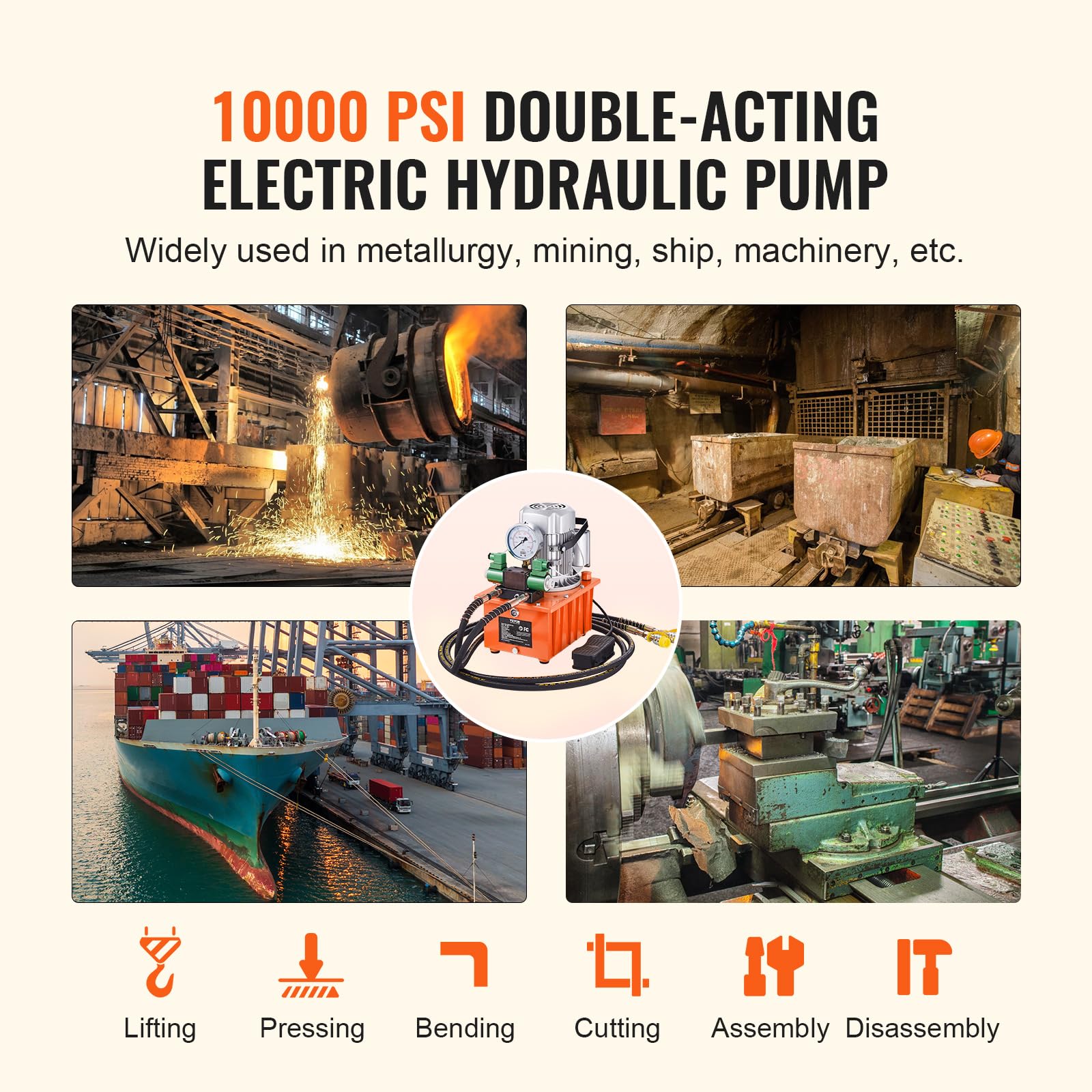 VEVOR 8L Hydraulic Power Pack Unit - Double Acting Solenoid Valve, 488 in³ Capacity, Electric Driven with Foot Pedal Switch for Punch Press, Metal Bending & Hydraulic Jack - Heavy Duty Industrial Use (Orange)