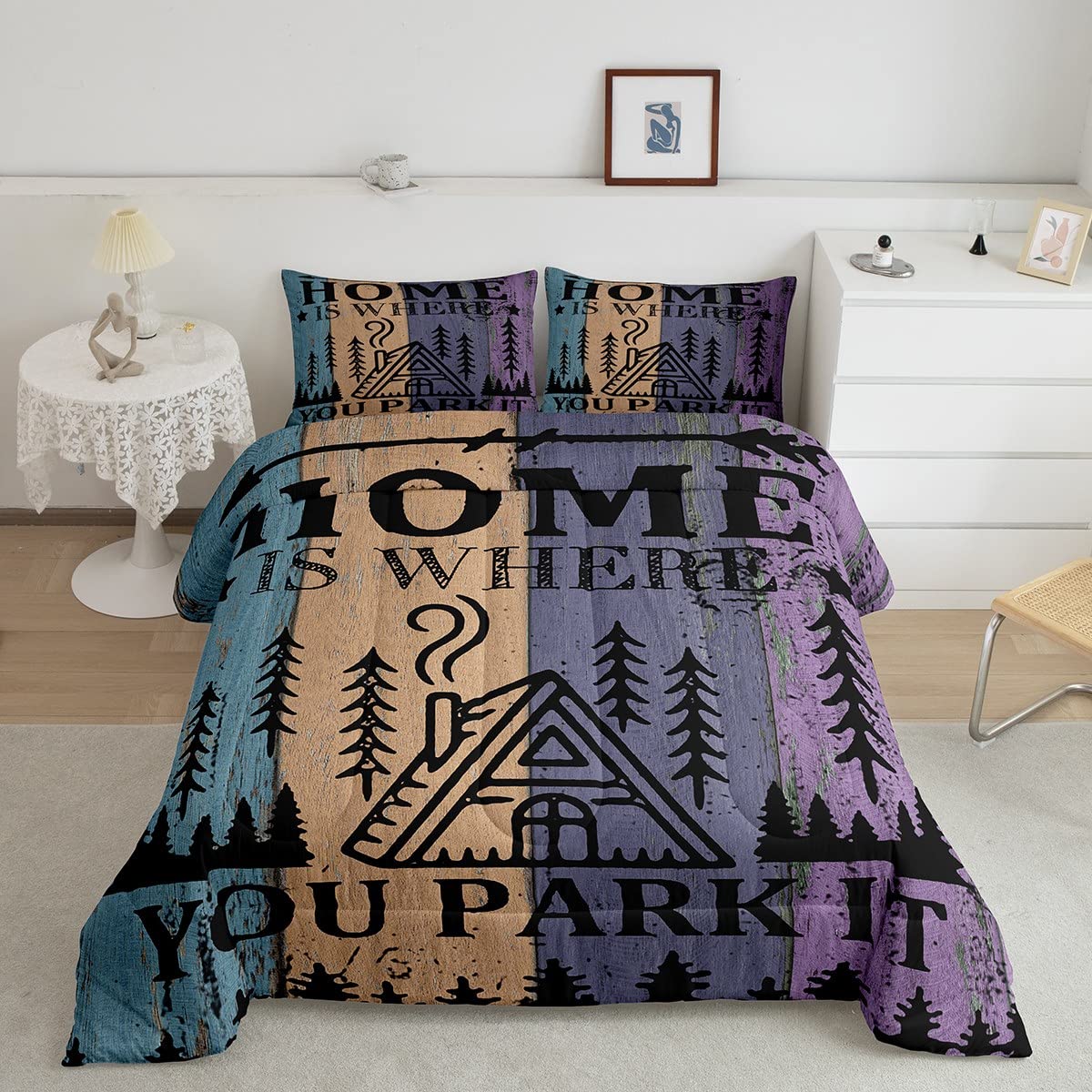 Kids Rustic Farmhouse Camper Comforter Set Twin Size - Funny 'Home Where We Park It' Quilt Set for Boys Bedroom Gift | Happy Camping Tent Explore Life Polyester Bedding with 1 Pillowcase & 2Pcs | Perfect for RV Themed Rooms, Sleepovers & Adventure-Loving Kids