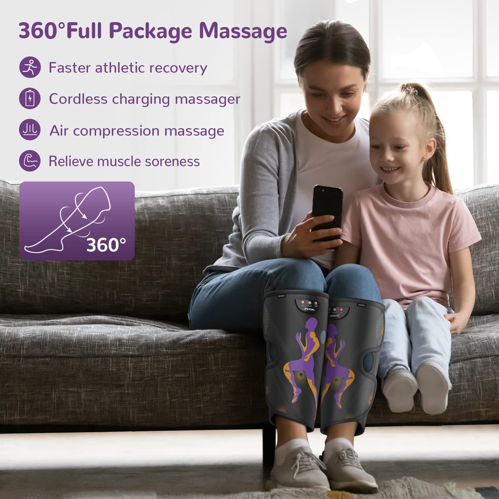 QUINEAR Cordless Air Compression Leg Massager for Circulation & Pain Relief - Rechargeable Calf Massager for Women & Men - Ideal Gift for Mom & Dad (FSA/HSA Eligible) - Perfect for Home Use, Office Relaxation & Post-Workout Recovery
