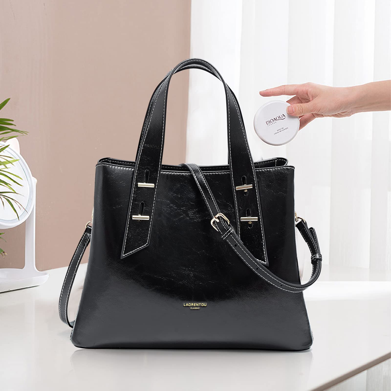 LAORENTOU Women's Crossbody Handbag - Genuine Cow Leather Satchel Purse with Top Handle & Shoulder Strap | Perfect for Work, Travel & Everyday Use