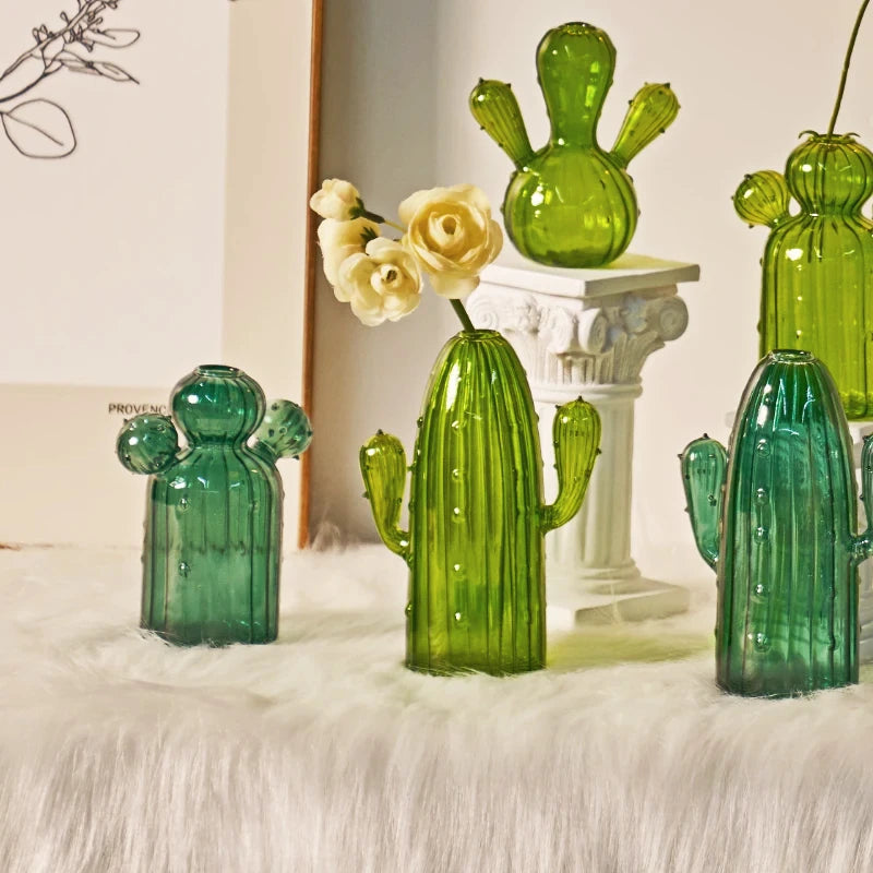 Green Cactus Glass Accent & Vase - Elegant Home Decor for Living Room, Office, or Wedding Centerpiece