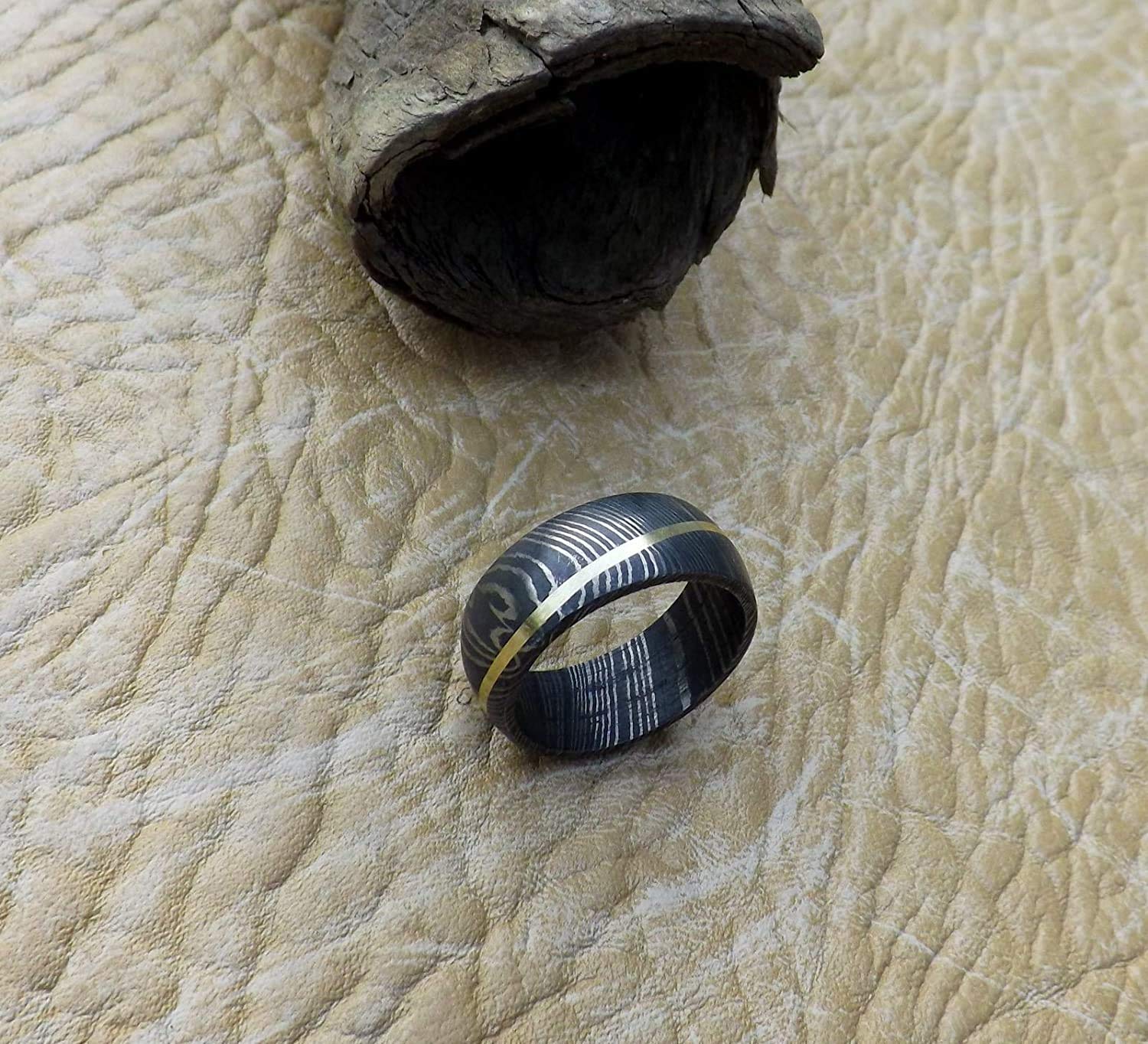 Handmade Damascus Steel Ring with Brass Inlay - Custom Engraved Anniversary, Wedding, and Father's Day Band (KE-234-AT) - Perfect for Gifts, Proposals & Special Occasions