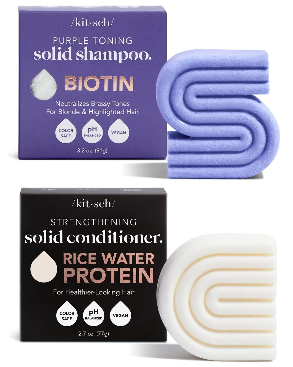 Kitsch Purple Shampoo Bar for Blonde Hair & Rice Water Protein Conditioner Bar Set - Toning & Hydrating Hair Care for Color-Treated & Damaged Hair - Perfect for Travel & Eco-Friendly Bathroom Routine