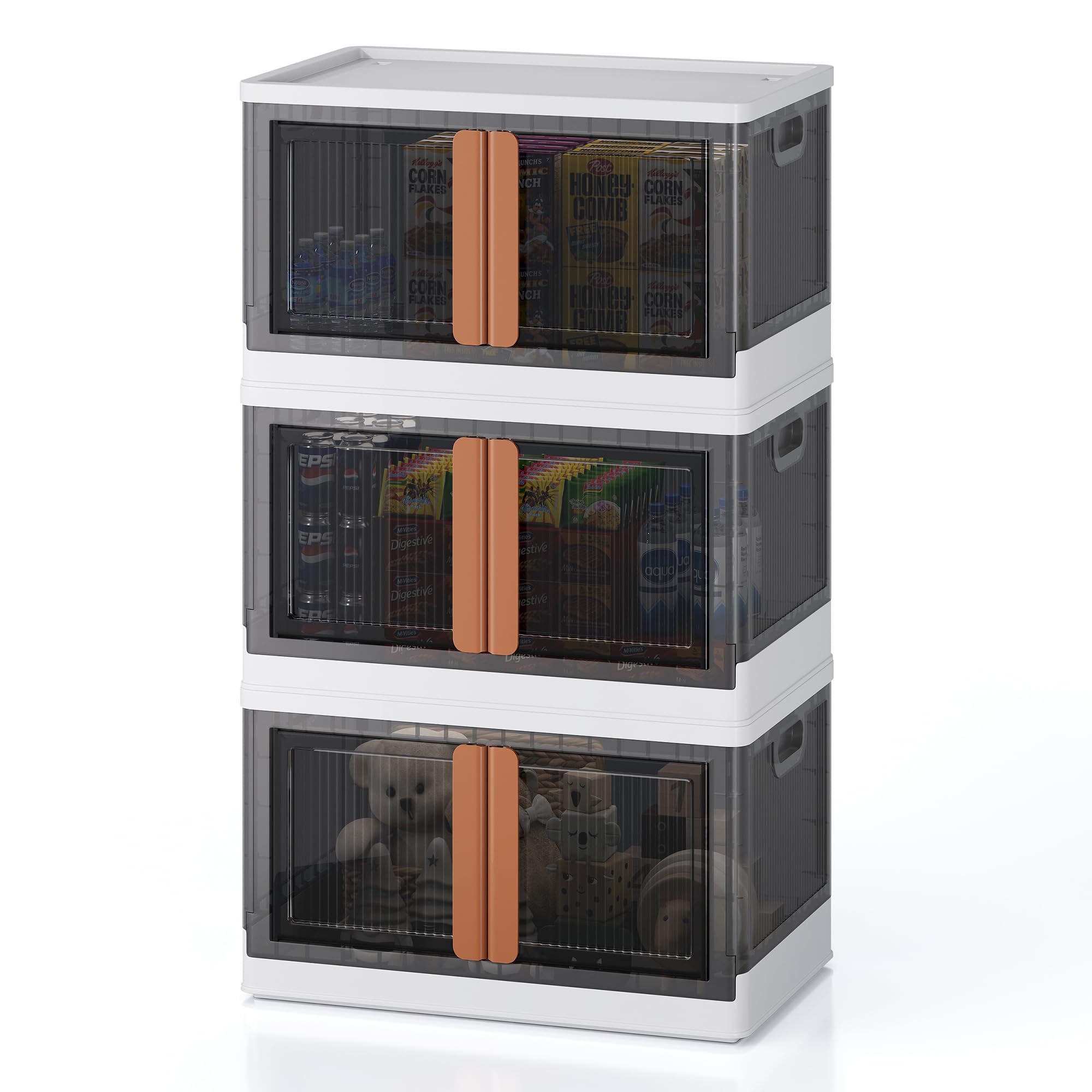 19 Gallon Collapsible Storage Bins with Lids (3 Pack) - Stackable Plastic Storage Cabinet with Wheels & Doors for Home Organization - Perfect for Closet, Garage, and Office Storage - White