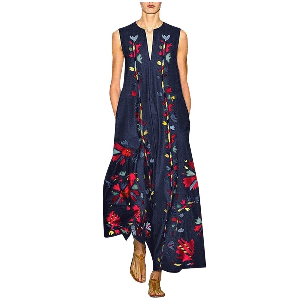 Women's Summer Long Sleeveless V-Neck Swing Maxi Dress - Casual Loose Beach Party Dress in Navy Blue | Perfect for Beach Vacations, Outdoor Events & Summer Parties