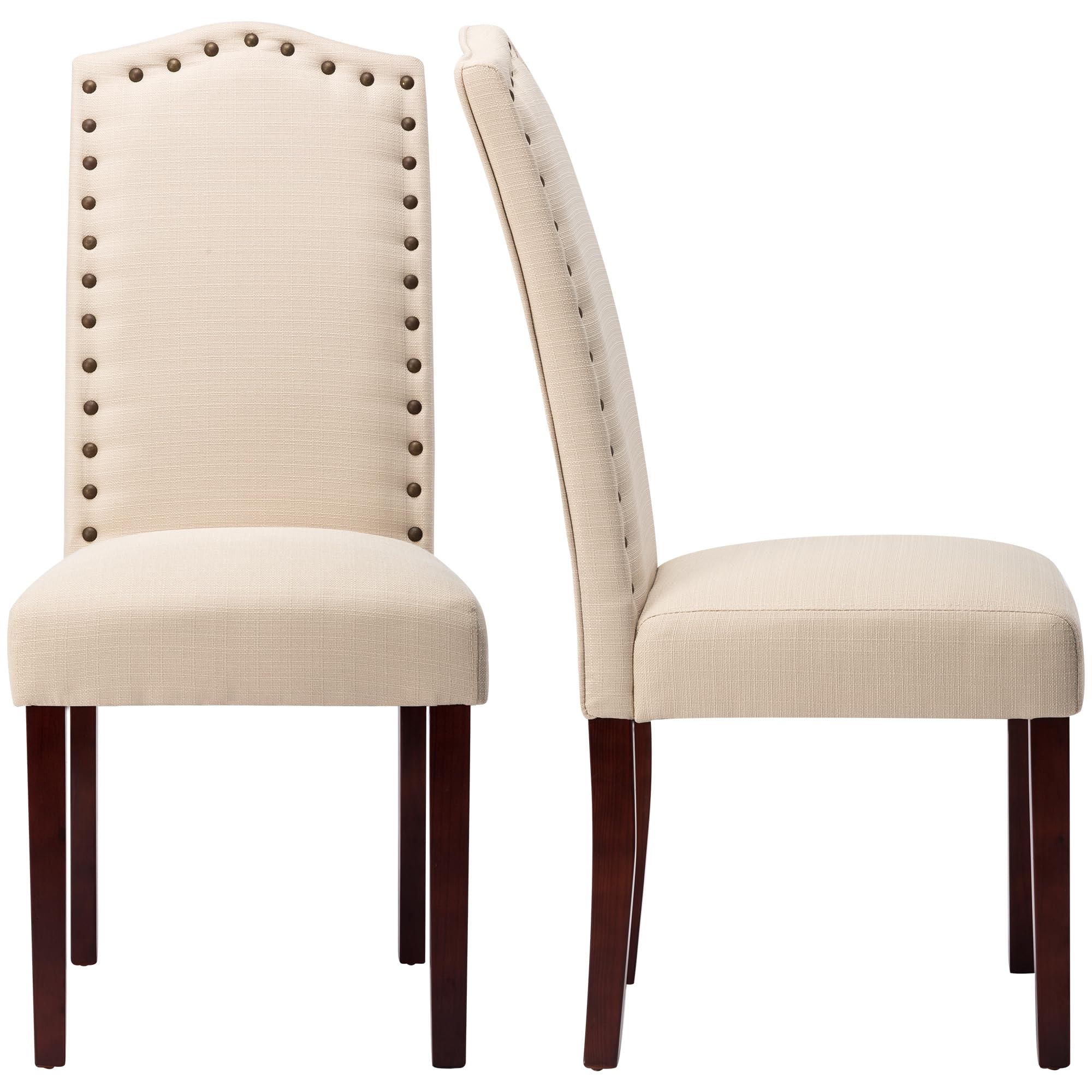 LSSBOUGHT Set of 2 Upholstered Parsons Dining Chairs - Beige Fabric Kitchen Chairs with Solid Wood Frame & Nailhead Trim - Perfect for Dining Room, Kitchen, and Breakfast Nook