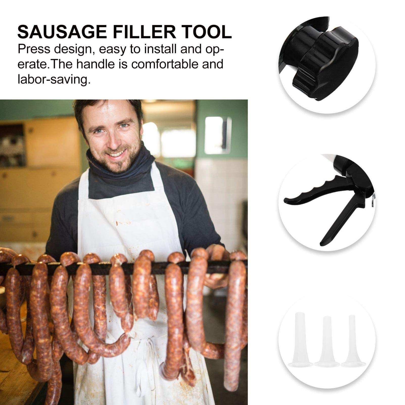 Hemoton Manual Sausage Stuffer - 5L Stainless Steel Meat Grinder with 4 Nozzles & Funnel Tube - Perfect for Home Kitchen, Sausage Making, Salami & Bratwurst - Ideal for BBQ Parties, Camping & Holiday Cooking