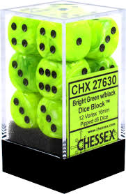Chessex 12-Piece Set of 16mm Bright Green with Black Pipped D6 Dice - Perfect for Dungeons & Dragons, Board Games, and Tabletop RPGs