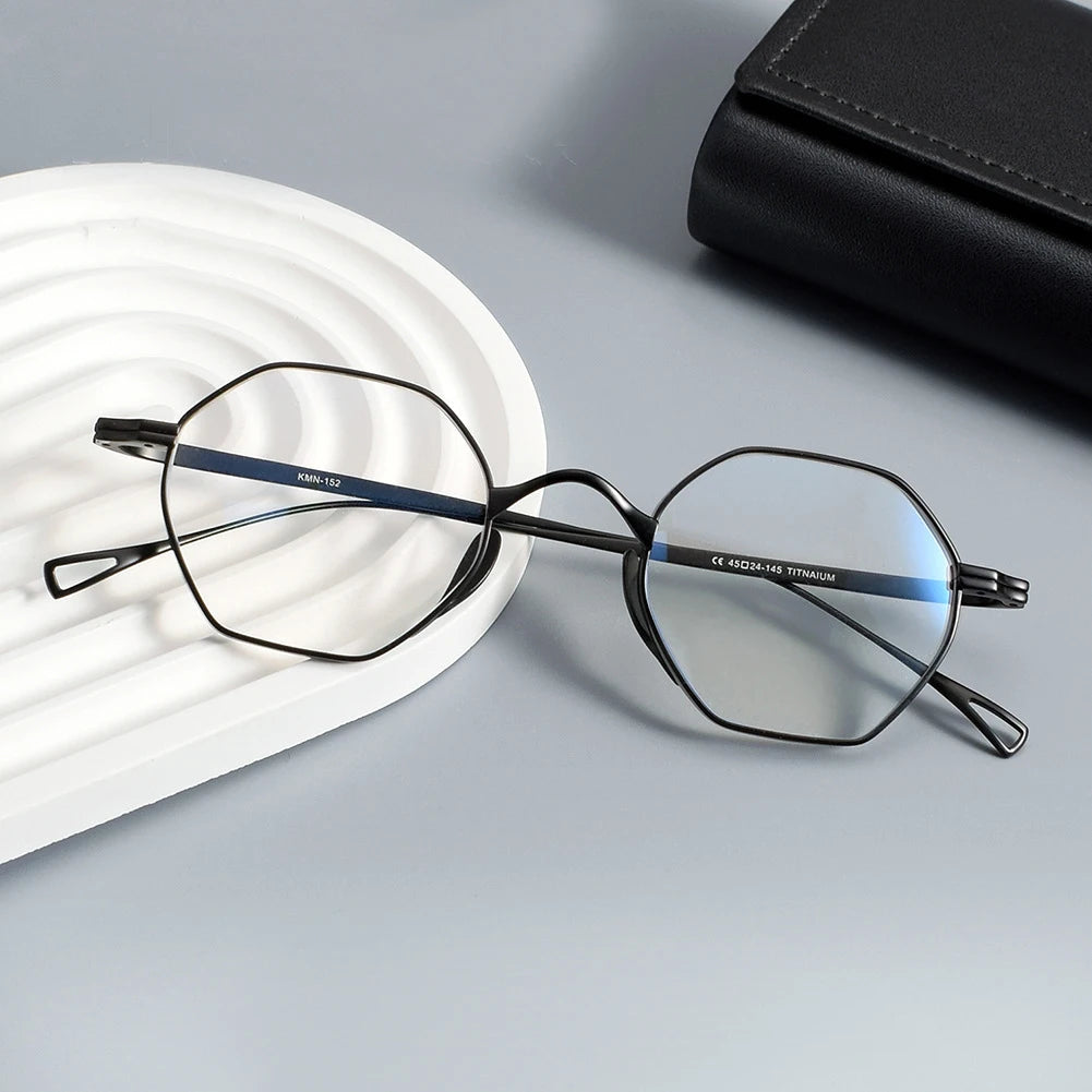 Unisex Black Flat Top Polygon Titanium Eyeglasses Frame - Lightweight Durable for Work, Reading & Fashion Accessories