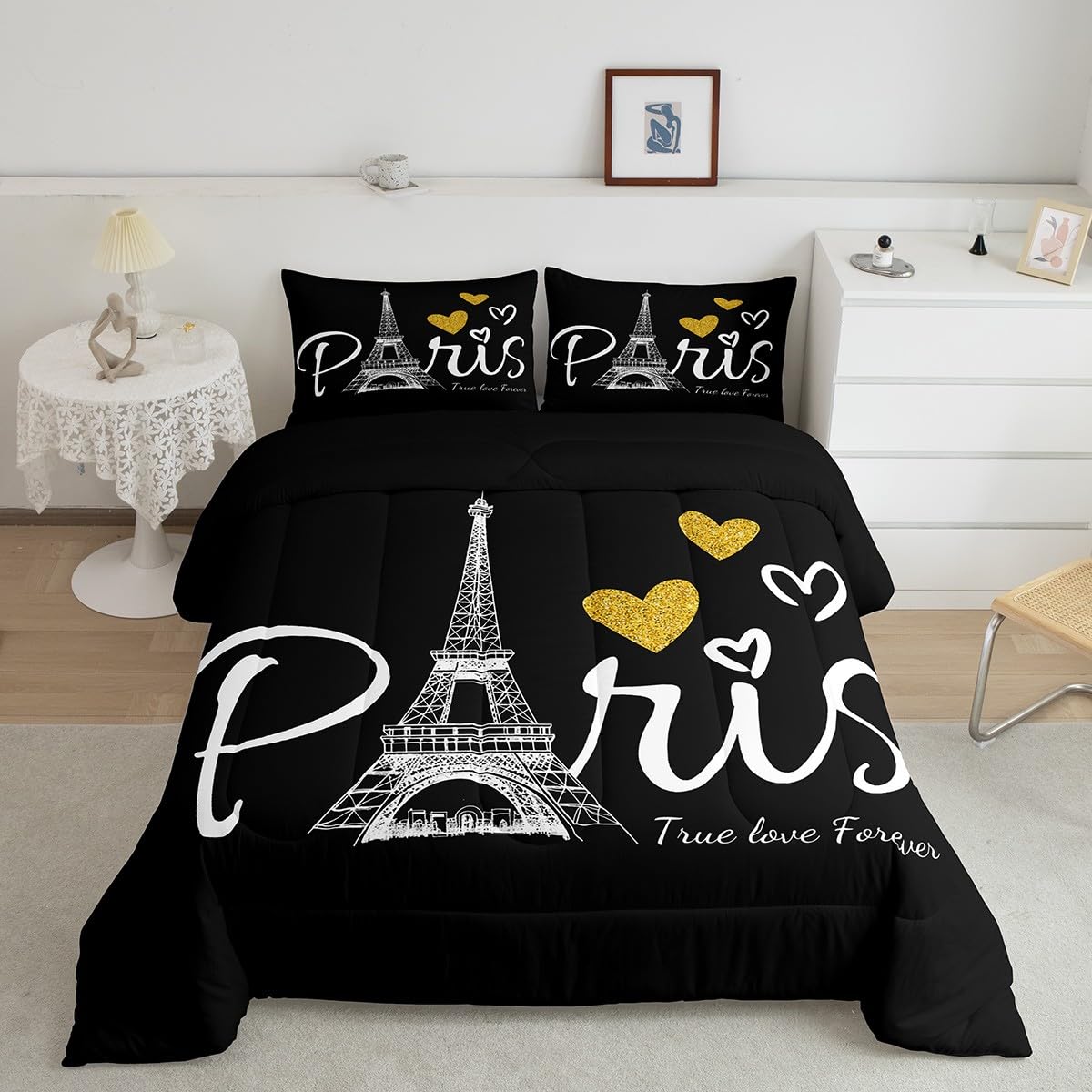 Erosebridal Paris Themed Queen Size Comforter Set - 3 Piece Romantic Eiffel Tower Bedding with Duvet Insert & 2 Pillowcases | Ultra Soft Lightweight Down Alternative Quilt in Black & White | Perfect for Master Bedroom, Guest Room & Parisian Themed Decor