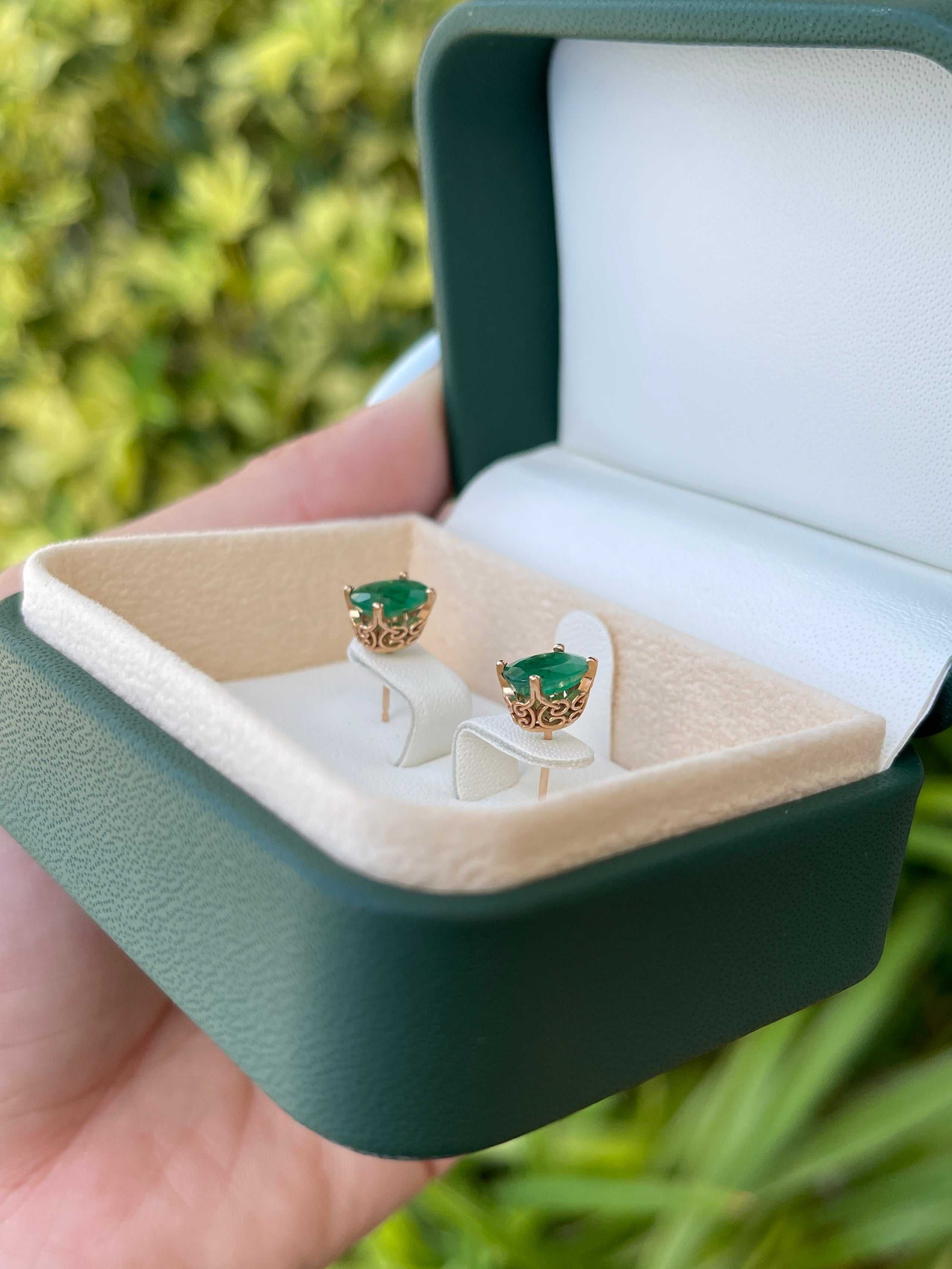 2.50tcw Oval Cut Dark Sea Green Emerald Earrings in 14K Gold - Fleur De Lis Design for Women, Gift for Anniversary, Wedding, or Special Occasion
