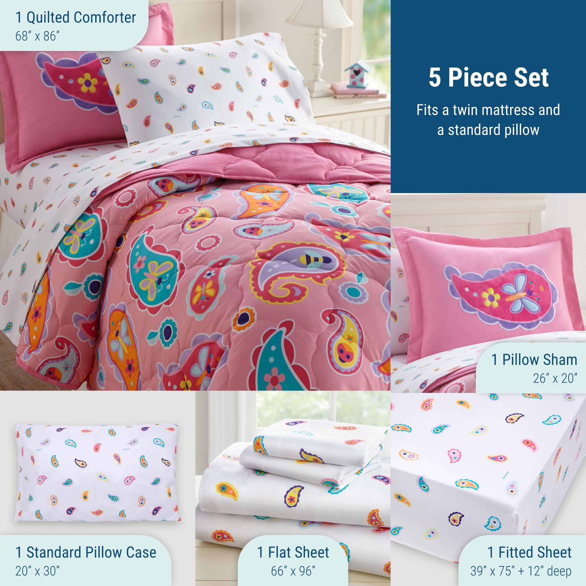 Wildkin Kids 5-Piece Twin Bed in a Bag Bedding Set - Microfiber Comforter, Flat Sheet, Fitted Sheet, Pillowcase & Sham for Boys & Girls (Paisley Design) | Perfect for Kids' Bedrooms, Sleepovers & Dorm Rooms