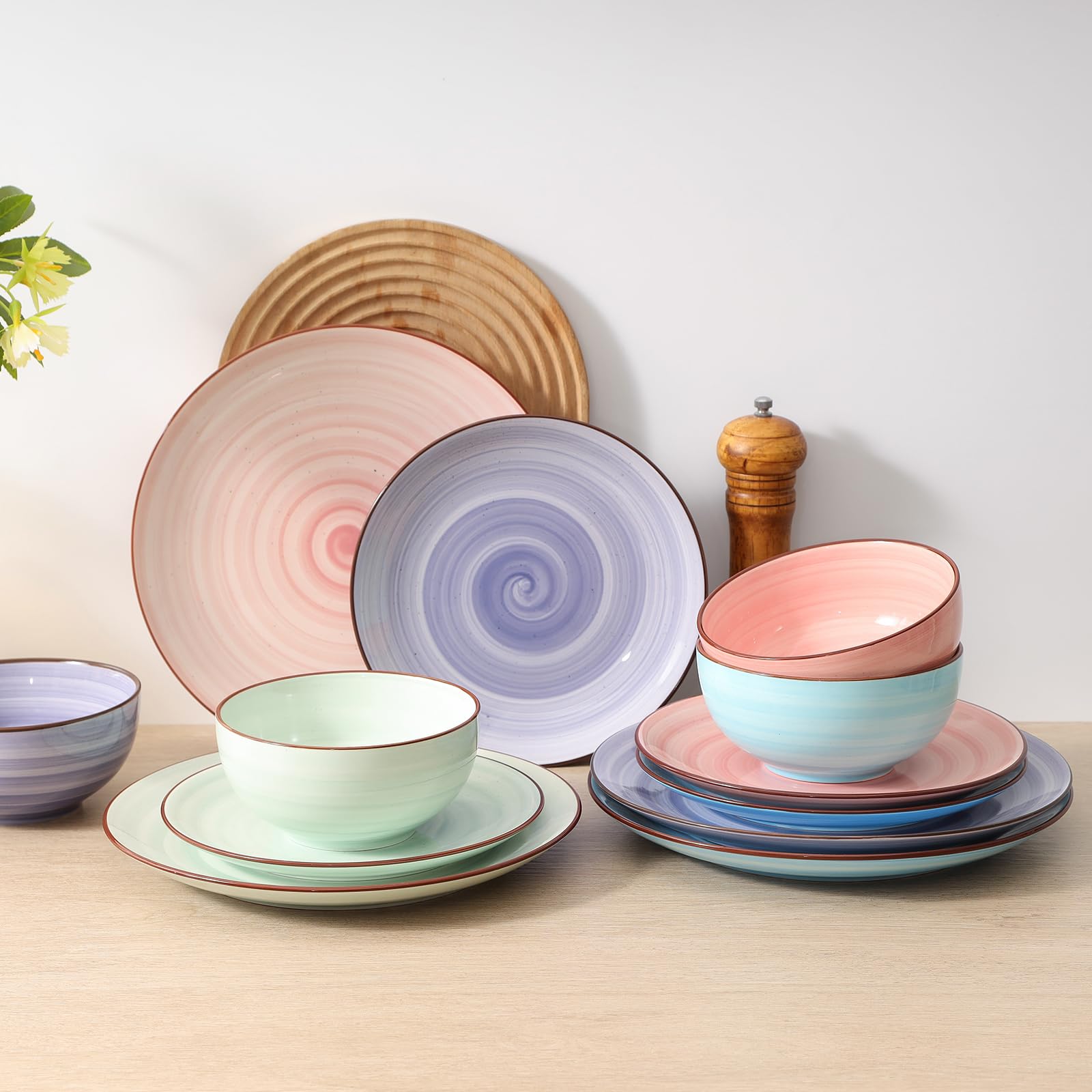 Selamica 16-Piece Ceramic Dinnerware Set for 4 - Black Dots & Gradient Color Plates & Bowls - Elegant Kitchen & Dining Tableware for Everyday Use, Dinner Parties & Special Occasions