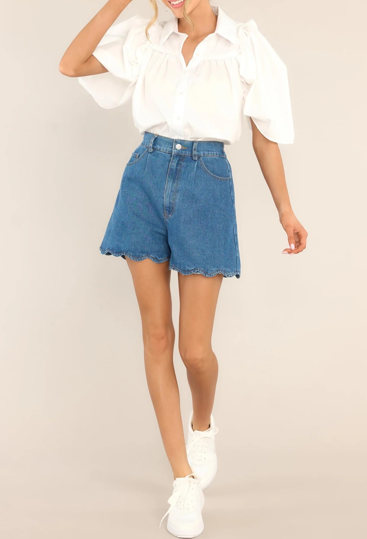 Trendy Women's High Waist Flared Denim Shorts with Wave Hem - Casual Summer Outfit Essential for Beach, Shopping & Date Nights