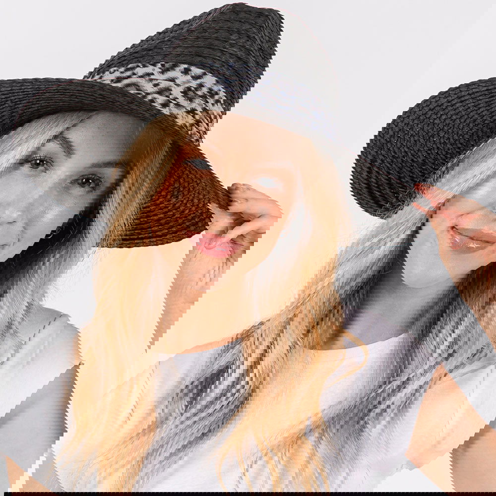 Stylish Black Leopard Print Straw Sun Hat for Women - Wide Brim Summer Beach Hat with Adjustable Band - Perfect for Vacations, Pool Parties & Outdoor Activities