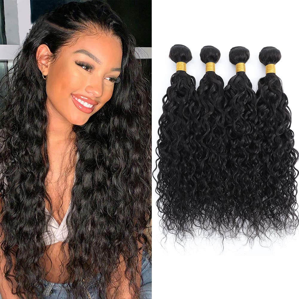 100% Unprocessed Brazilian Virgin Remy Human Hair Bundles - Water Wave 4 Bundles (18 20 22 24 Inch) | Natural Black Color Hair Extensions for Black Women | Perfect for Protective Styles, Weaves & Everyday Glam