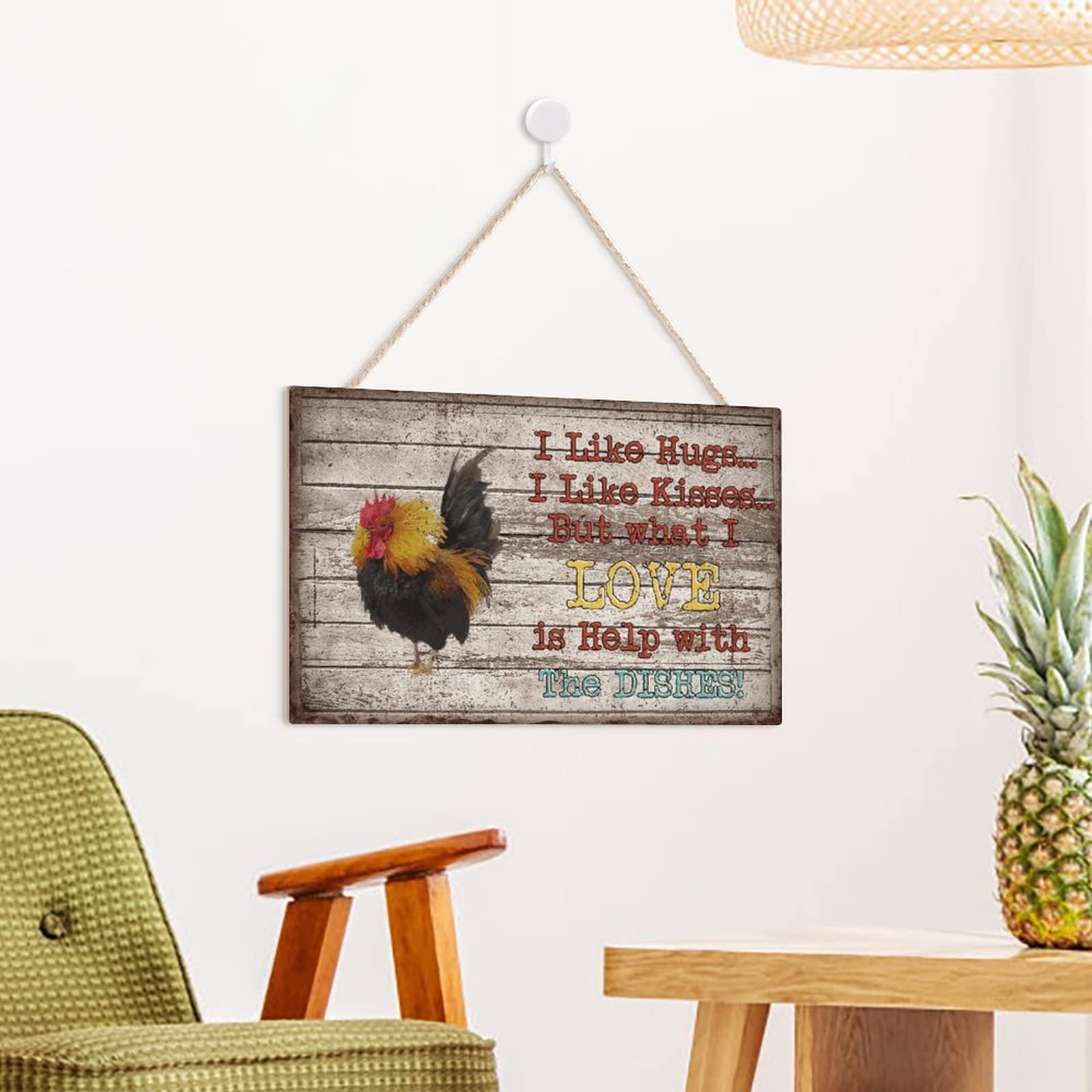 Rustic Rooster Wooden Wall Art - Funny Chicken Coop Decor Sign 'I Like Hugs & Kisses But What I Love Is Help with The Dishes' - Farmhouse Kitchen Wall Hanging (10x16 inches) - Perfect for Farmhouse, Country Kitchen & Backyard Chicken Coop Decor