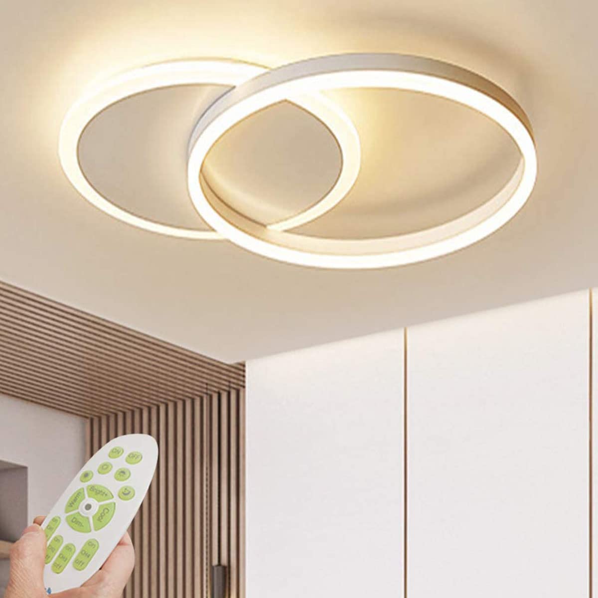 Modern Acrylic 2-Ring Dimmable LED Ceiling Chandelier with Remote Control - White Contemporary Lighting Fixture for Living Room, Dining Table, Bedroom & Kitchen Island - Perfect for Home Decor and Ambient Lighting