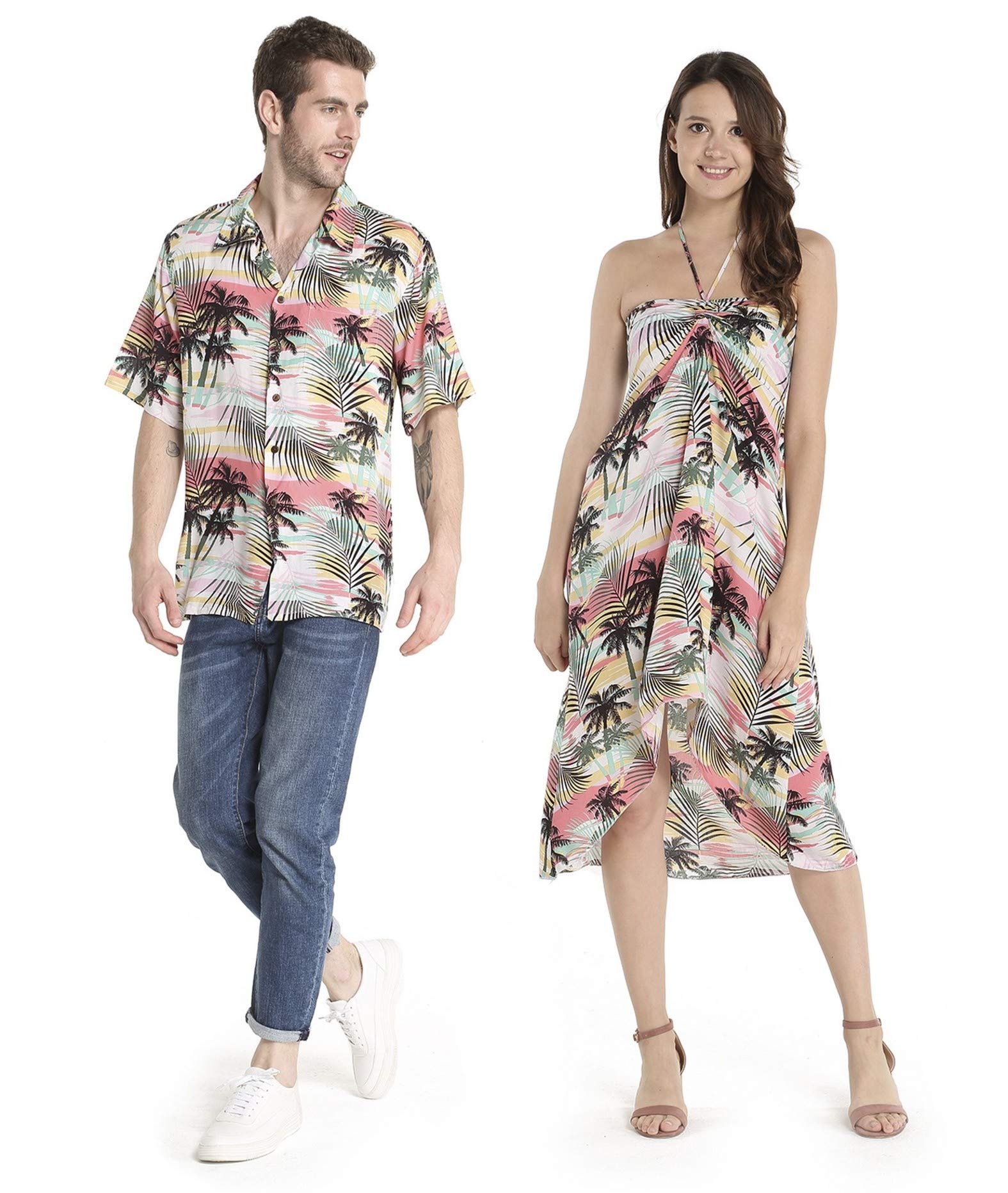 Couple Matching Hawaiian Luau Shirts & Maxi Sweetheart Dress Set - Tropical Neon Sunset Print for Beach Vacation, Summer Party, and Romantic Getaways