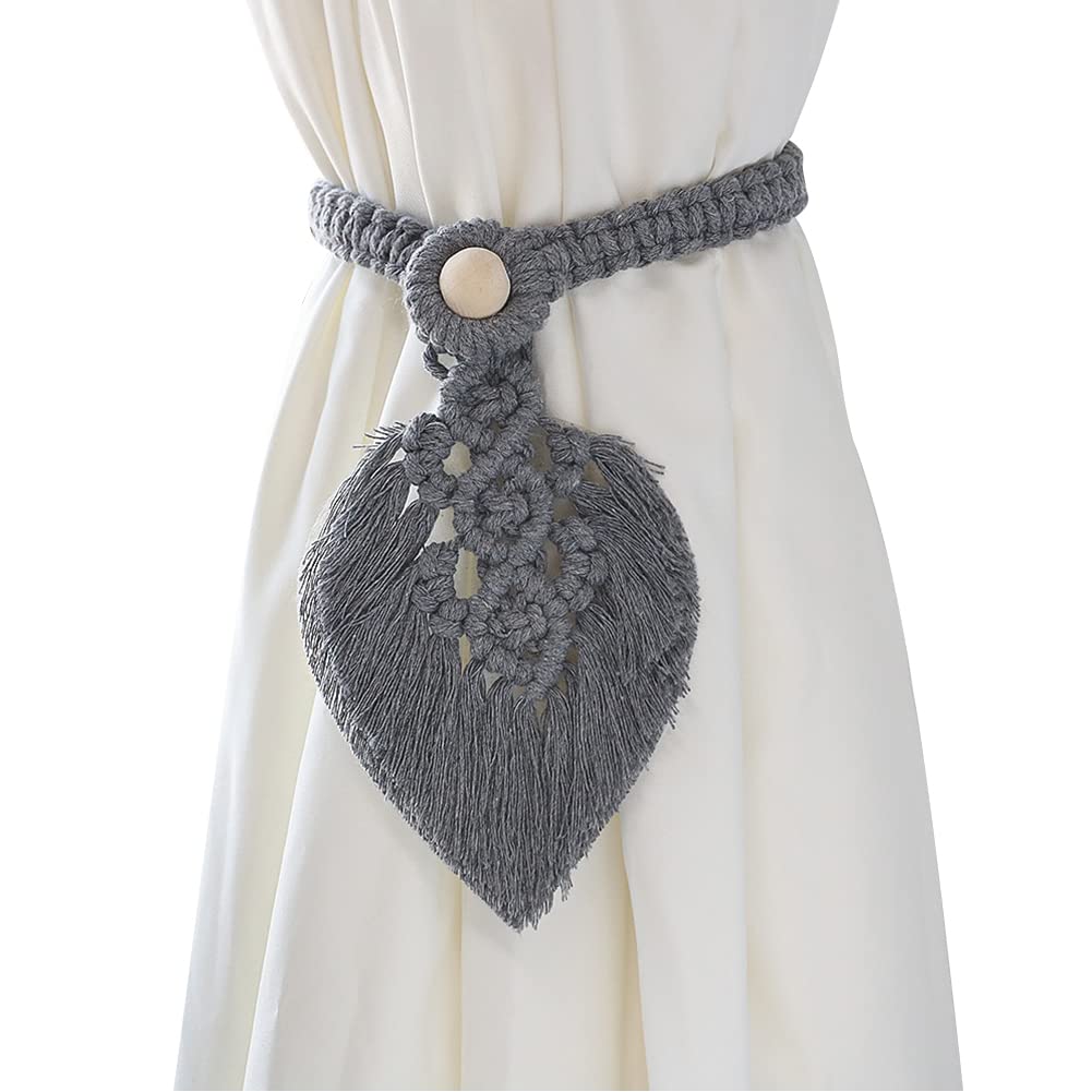 Handmade Boho Curtain Tiebacks 2 Pack - Farmhouse Style Adjustable Cotton Rope Drapery Holdbacks, Decorative Curtain Tie Back Holder for Living Room, Bedroom & Window Decor (Dark Grey)