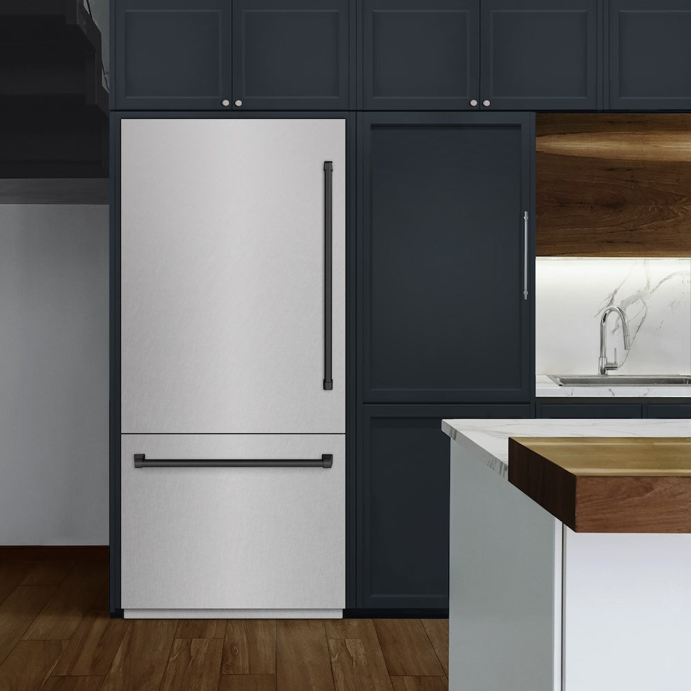 ZLINE Autograph Edition 36 Inch Built-In Bottom Freezer Refrigerator - 19.8 cu ft Capacity, Water Dispenser & Ice Maker - Satin Stainless Steel with Matte Black Accents (RBITZ SN 36 MB) - Perfect for Modern Kitchens, Open Concept Homes & Luxury Appliances Upgrade