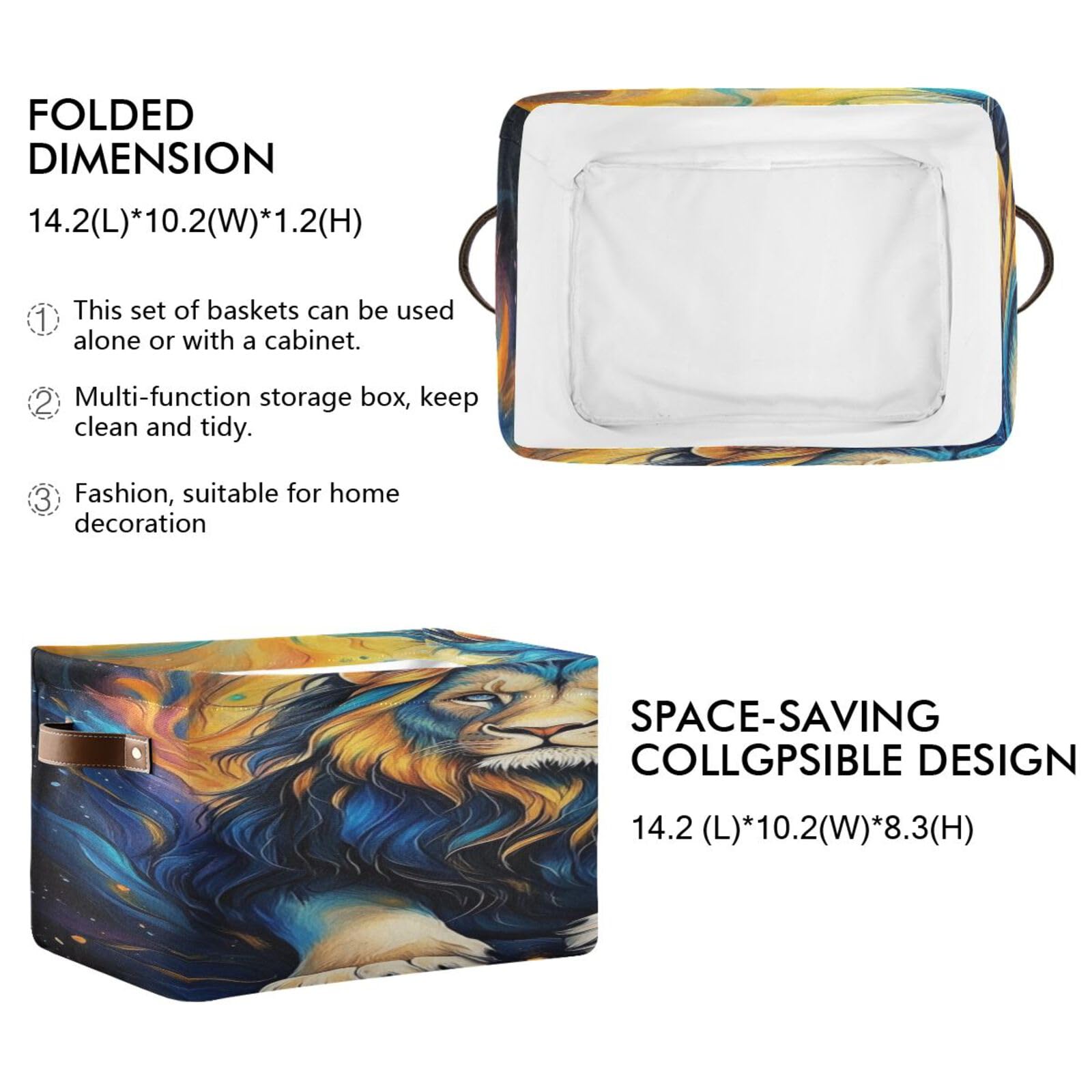 Large Foldable Storage Baskets with Handles - 2 Pack Home Organization Bins for Closet, Shelves & More | Durable Fabric Organizer for Bedroom, Laundry & Kids Toys (Magnificent Lion Design)