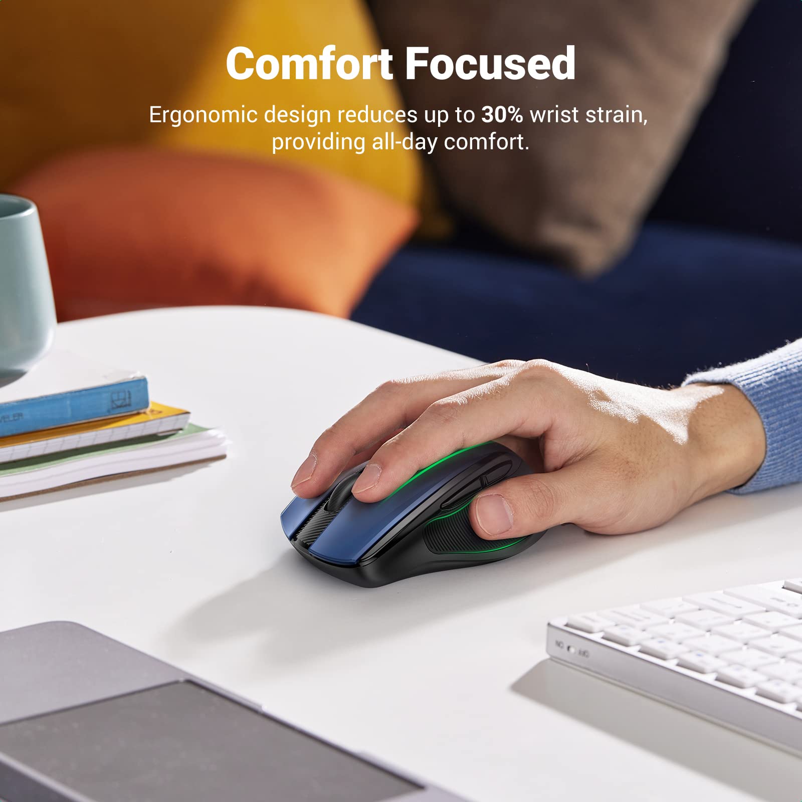 UGREEN Wireless Ergonomic Mouse 2.4G - 6 Programmable Buttons, 4000 DPI Adjustable, Auto-Sleep Mode - Compatible with Windows, Mac, Chromebook (Blue) - Perfect for Office Work, Gaming & Graphic Design