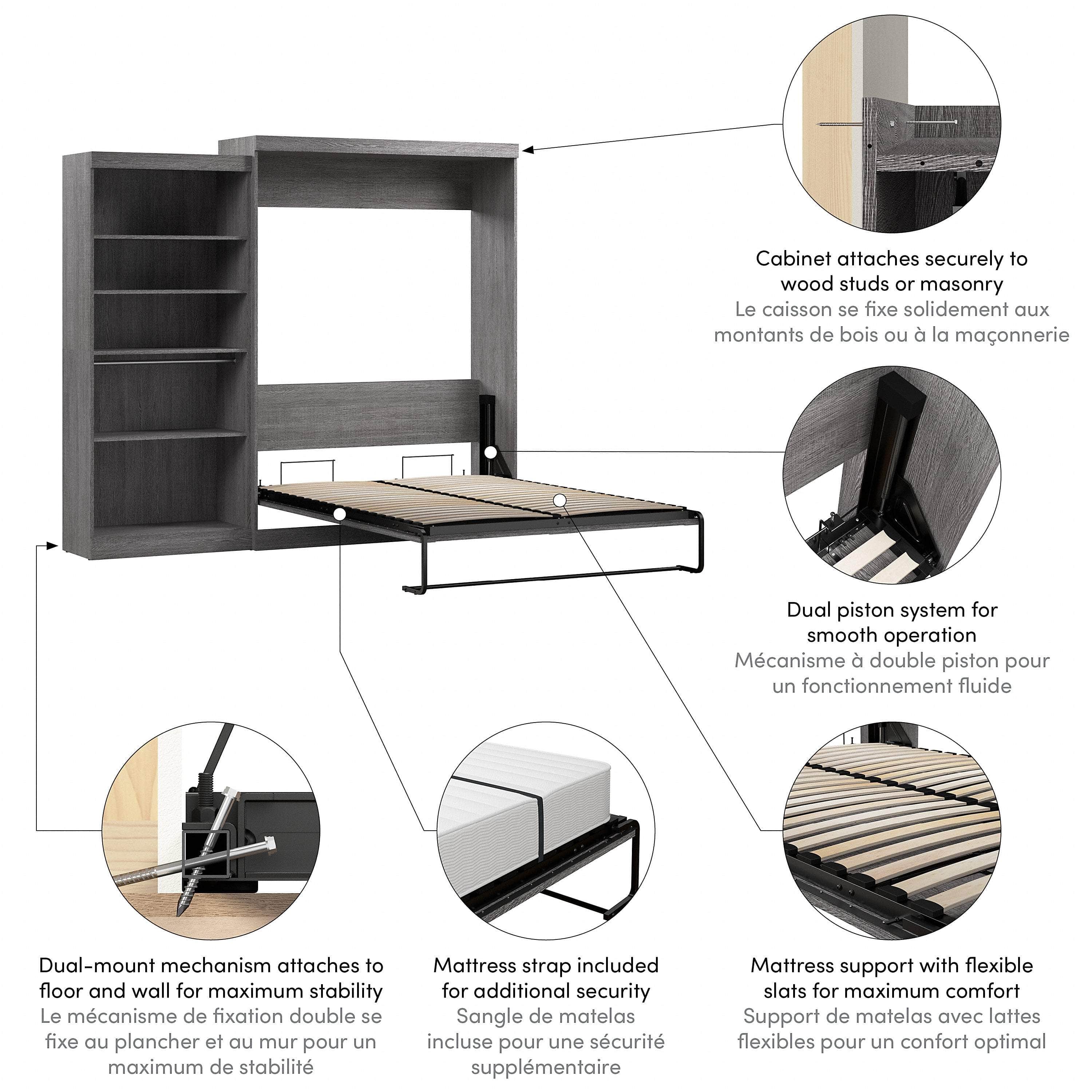 Pur Queen Murphy Wall Bed with Closet Organizer (101W) - 7 Color Options | Space-Saving Wall Bed for Small Apartments, Guest Rooms & Home Offices