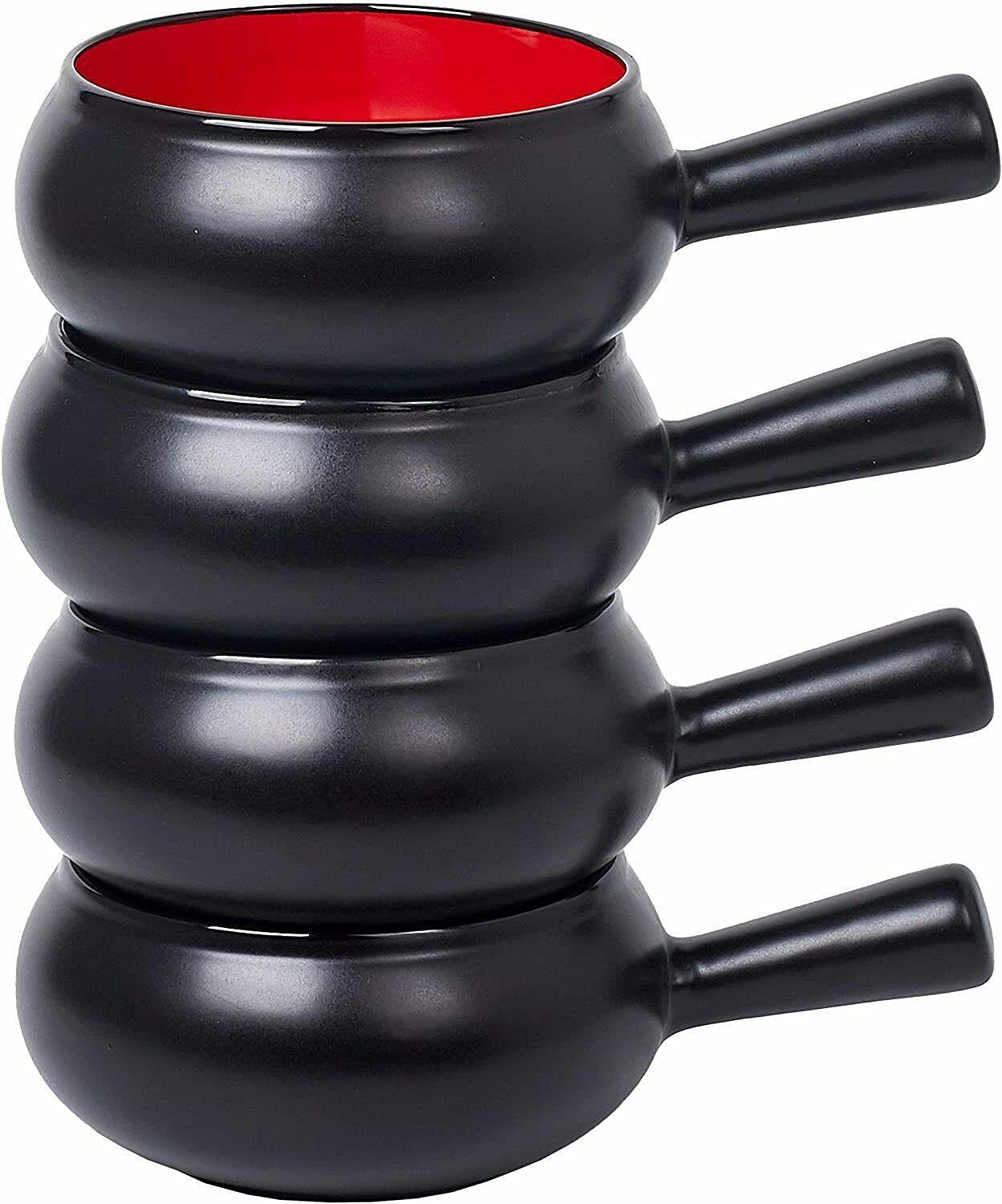 StateOJ 17oz Porcelain French Onion Soup Bowls with Handles, Set of 4 Black Dinnerware - Oven Safe Soup Bowls, Salad Bowls, Fruit Bowls for Kitchen & Dining | Perfect for French Onion Soup, Pasta, Cereal, Ice Cream & Party Serving