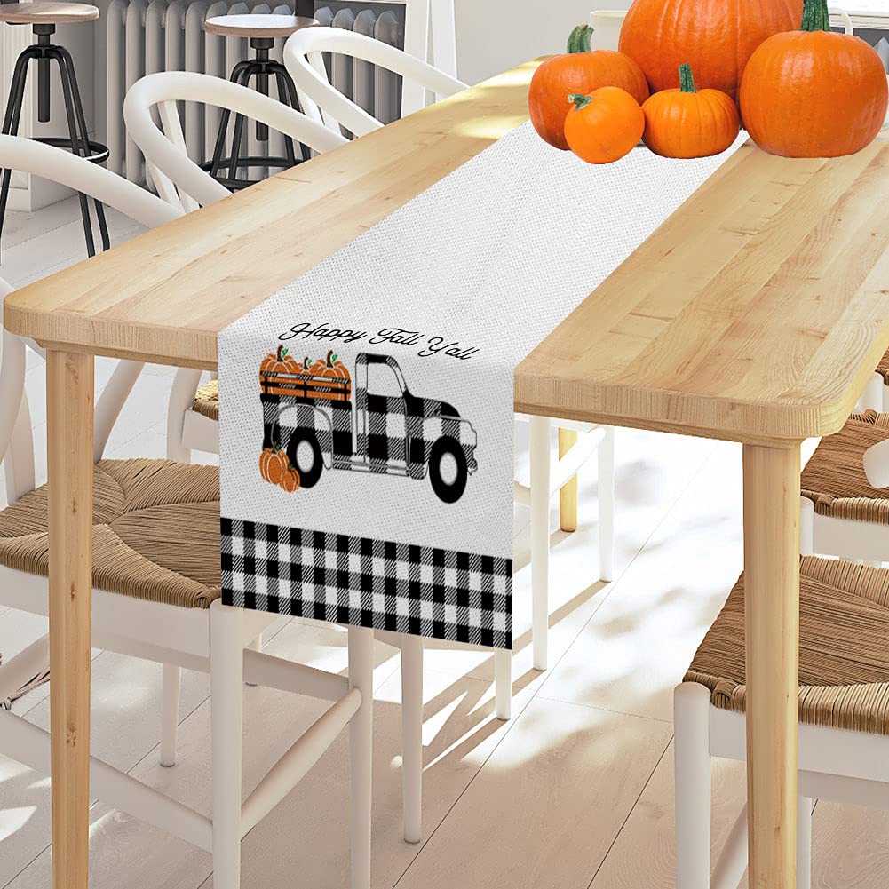 Autumn Pumpkin Truck Table Runner - 13x70 Inch Buffalo Plaid Seasonal Decor for Thanksgiving, Christmas & Fall Home Parties - Perfect for Dining Table, Kitchen Decor & Holiday Gatherings