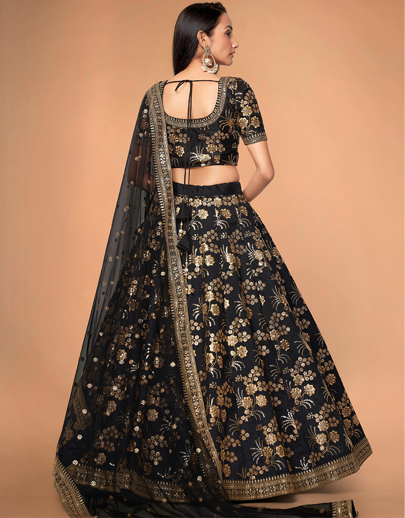 Elegant Black Slub Silk Lehenga Choli Set for Women - Traditional Indian Bridal Wear for Weddings & Festivals
