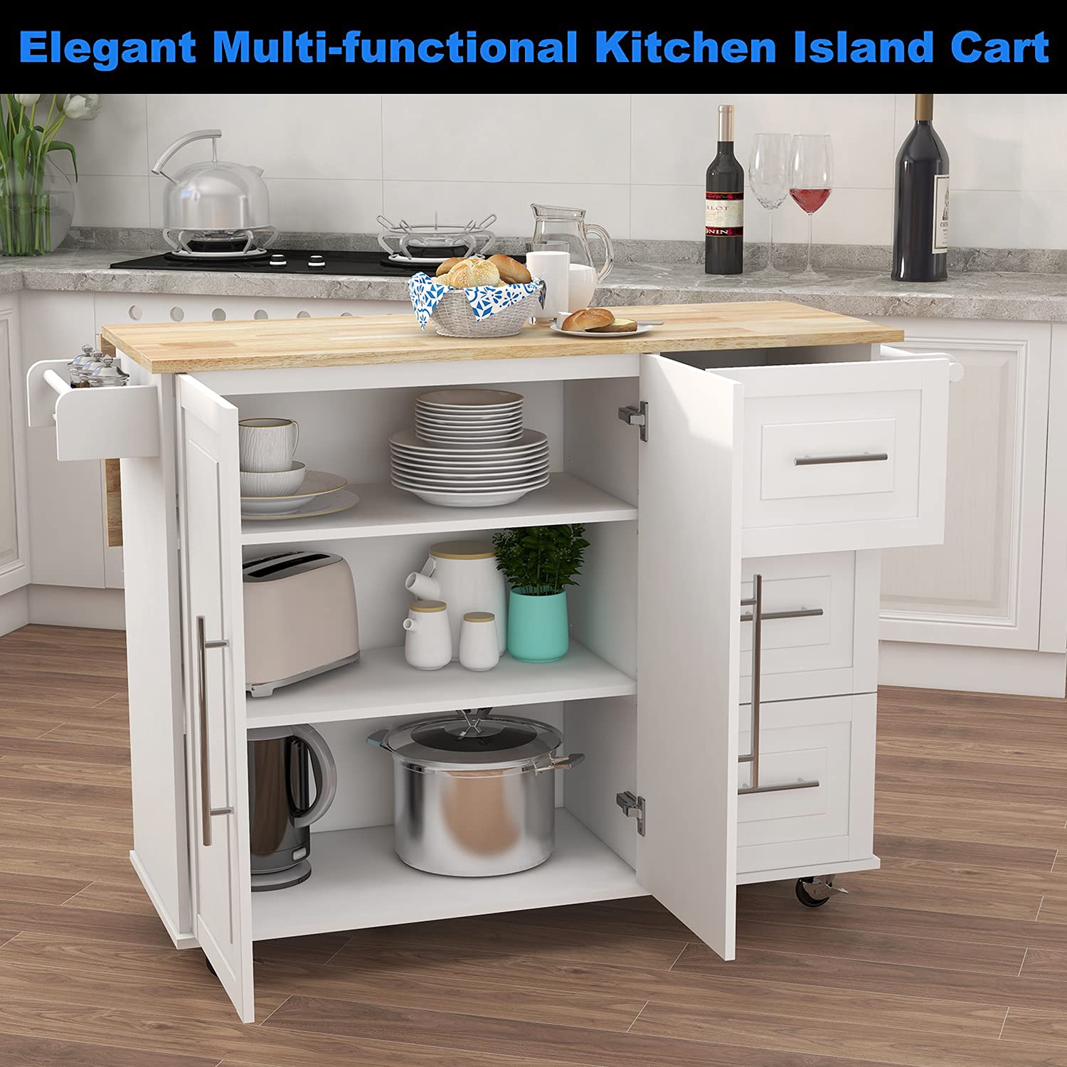 Upgraded Thick Wood Kitchen Island Cart with Wheels & Drop-Leaf Top - Large Folding Extendable Dining Table Cart with Storage Cabinet & 3 Drawers (White) | Perfect for Small Kitchens, Breakfast Nooks & Entertaining Guests