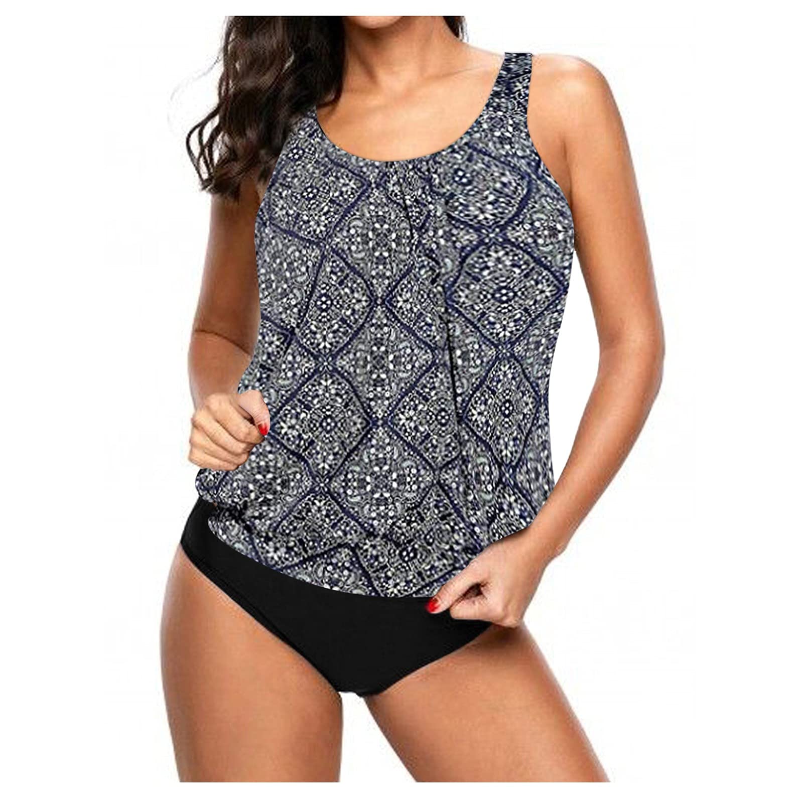 MOMKER Women's Plus Size Floral Print Strappy Back Tankini Swimsuit Two Piece Set - Swimdress for Beach Vacation, Pool Party & Summer Getaway
