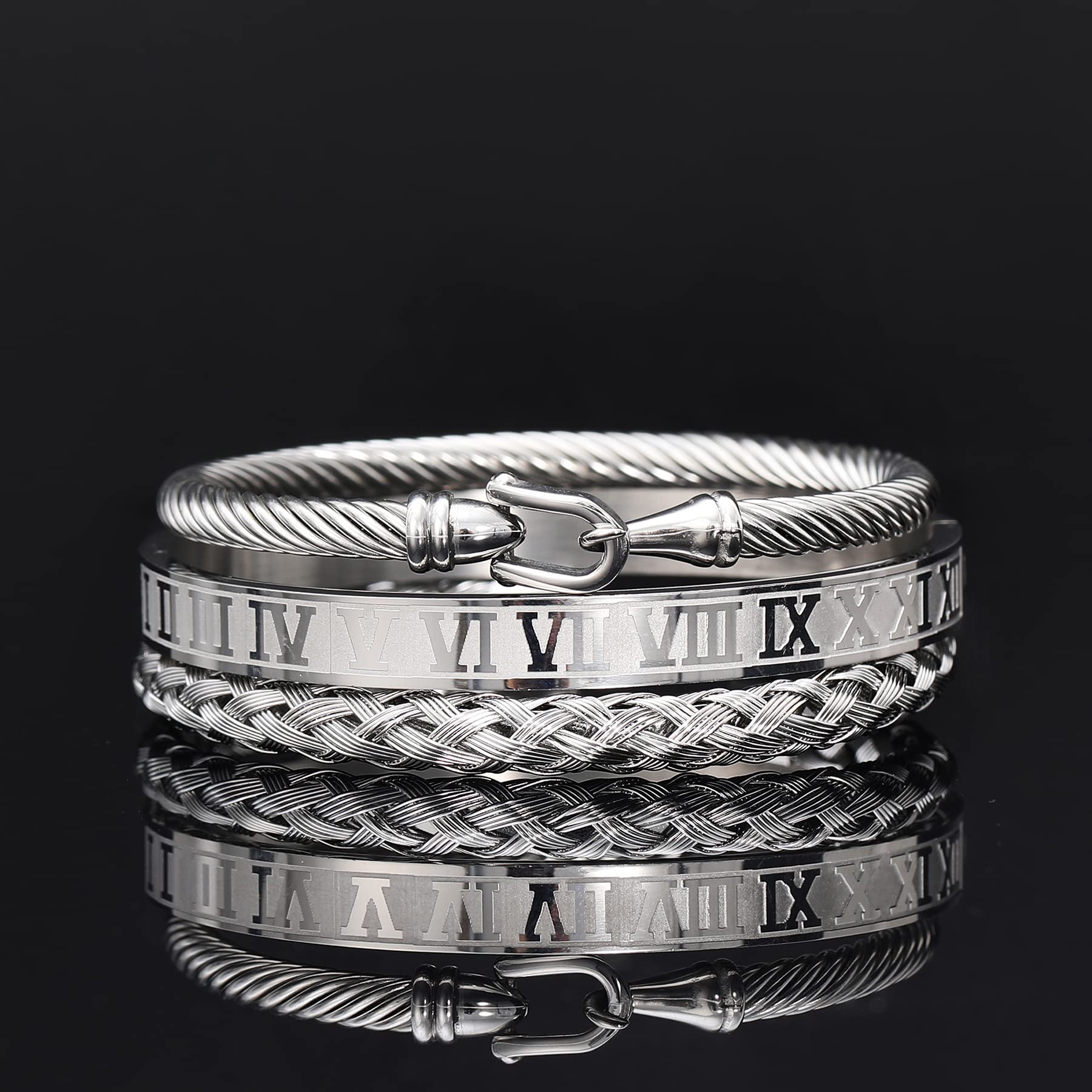 WFYOU 3PCS Stainless Steel Imperial Crown Bracelets for Men - Gold Roman Numeral Bangle, Adjustable Cuff Bracelet - Luxury Jewelry Gifts for Him - Perfect for Weddings, Parties & Formal Events