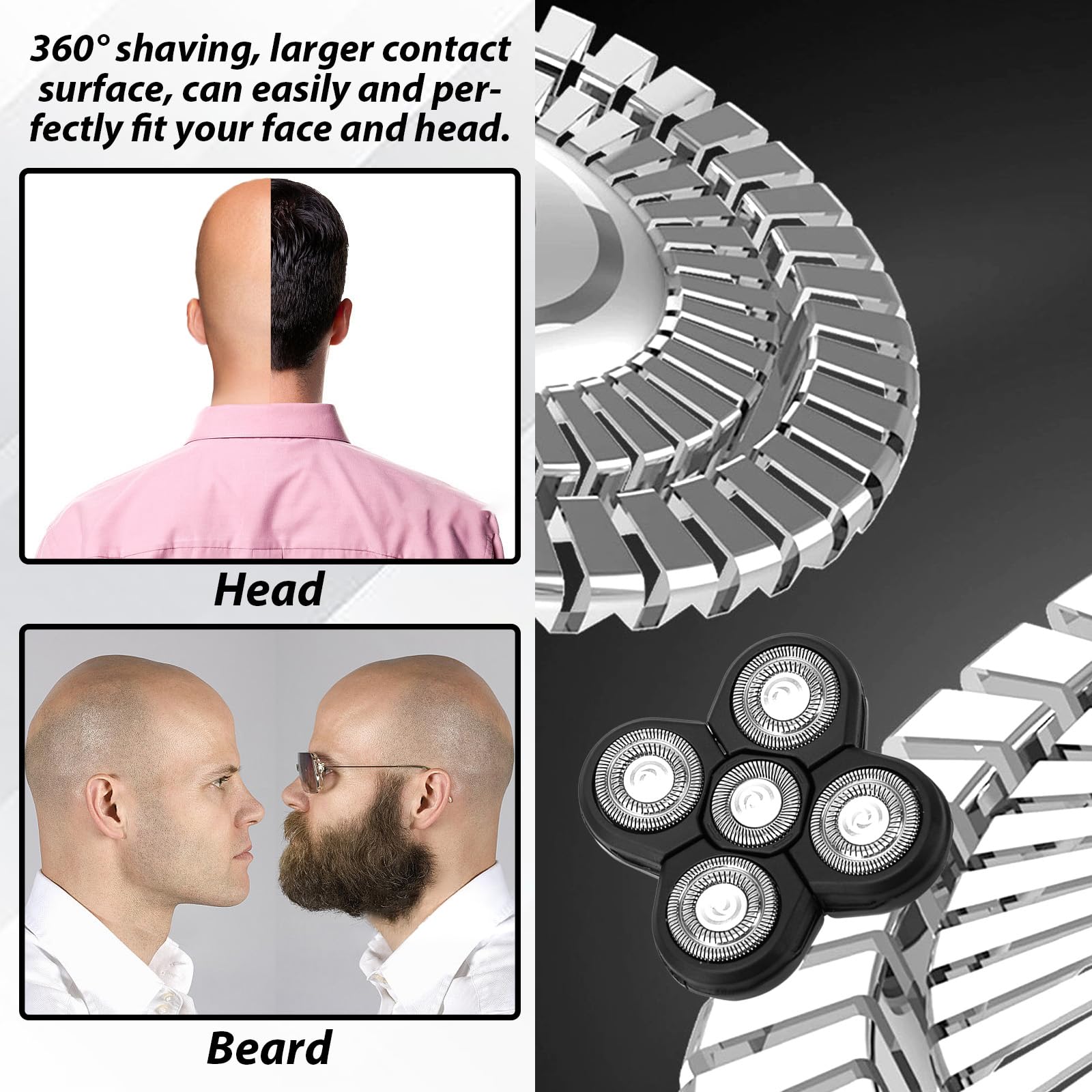 4 Pack Replacement Blades for Electric Head Shaver - 5-Blade Razor Heads for Bald Men, Universal Fit for Head & Face Shaving Kit with 4 Cleaning Brushes - Perfect for Travel, Home Use & Grooming Kits