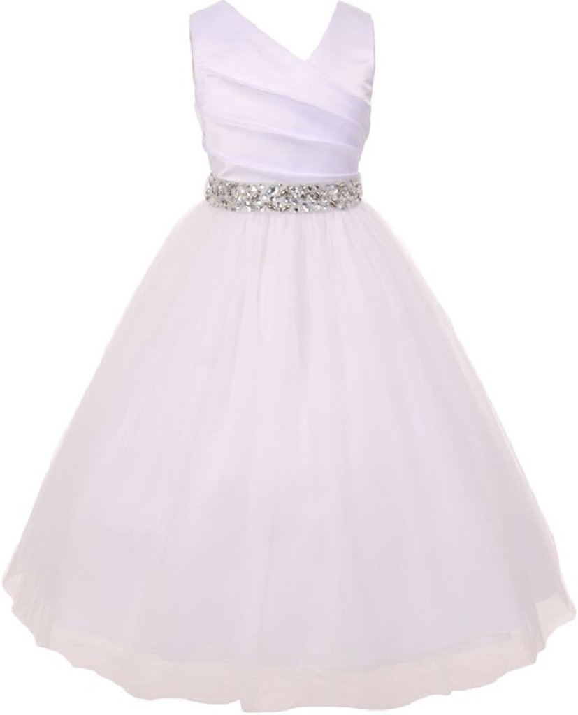 Elegant V-Neck Rhinestone Belt Flower Girl Dresses for Little Girls - BluNight Collection | Perfect for Weddings, Parties & Special Occasions