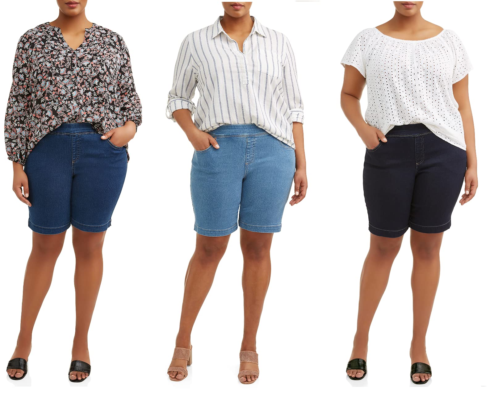 Jack David Women's Plus Size Stretch Denim Shorts - Blue Black Washed High Waist Comfort Fit for Casual Wear & Summer Outfits