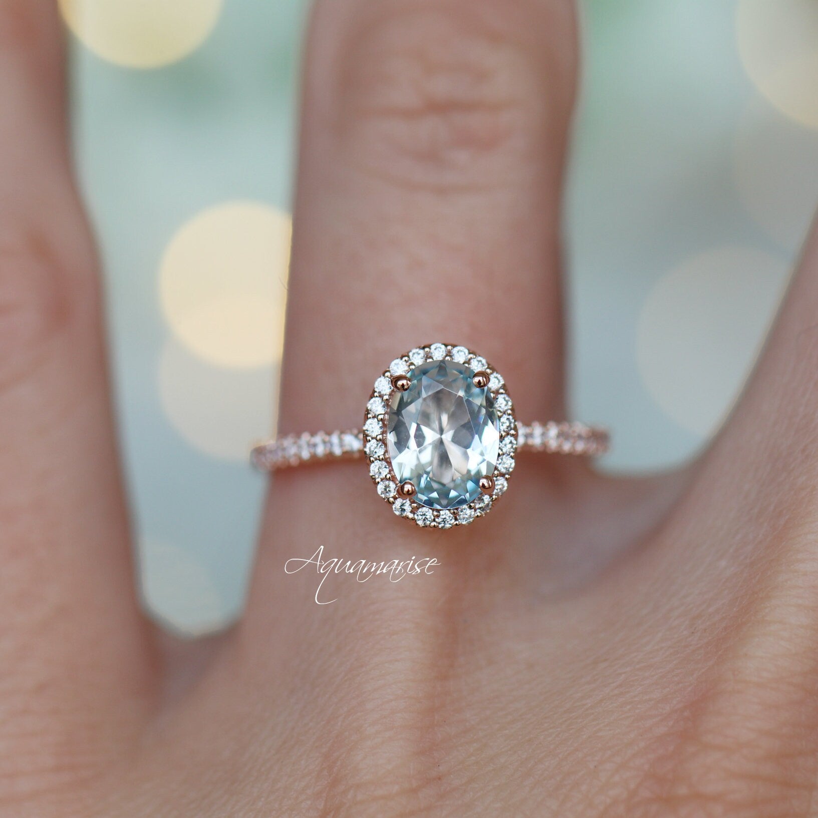 14K Solid Rose Gold Iris Oval Aquamarine Engagement Ring - Elegant Wedding Band, Anniversary Gift for Her, Perfect for Proposals & Special Occasions