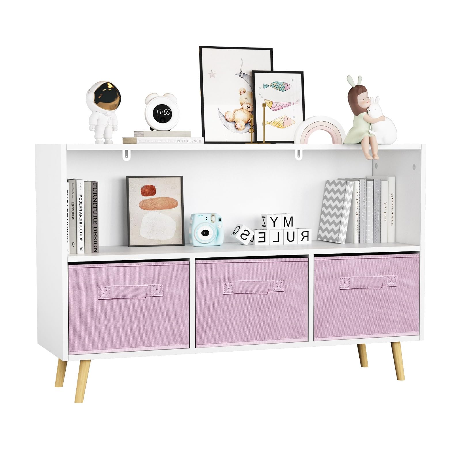 PULLAFUN 3-Tier Toy Storage Organizer with Movable Drawers & 4 Cubbies - Multifunctional Kids Storage Cabinet for Nursery, Playroom, Bedroom - Perfect for Organizing Toys, Books & Clothes (White & Pink)