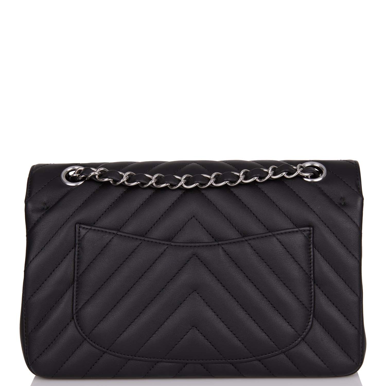 Chanel Small Chevron Classic Double Flap Bag - Black Calfskin Leather with Silver Hardware | Luxury Crossbody Purse for Women, Perfect for Date Night & Special Occasions