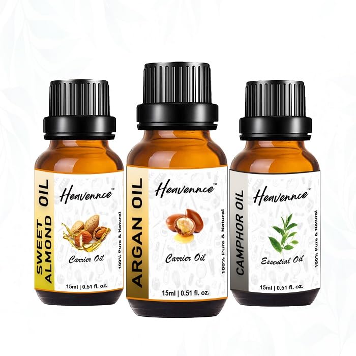 Heavennce Argan Oil, Camphor Oil & Sweet Almond Oil Combo - 3 Pack for Hair Growth, Skin Moisturizing & Pain Relief | Natural Massage Oil for Relaxation & Aromatherapy | Perfect for Dry Scalp, Stretch Marks & Muscle Soreness
