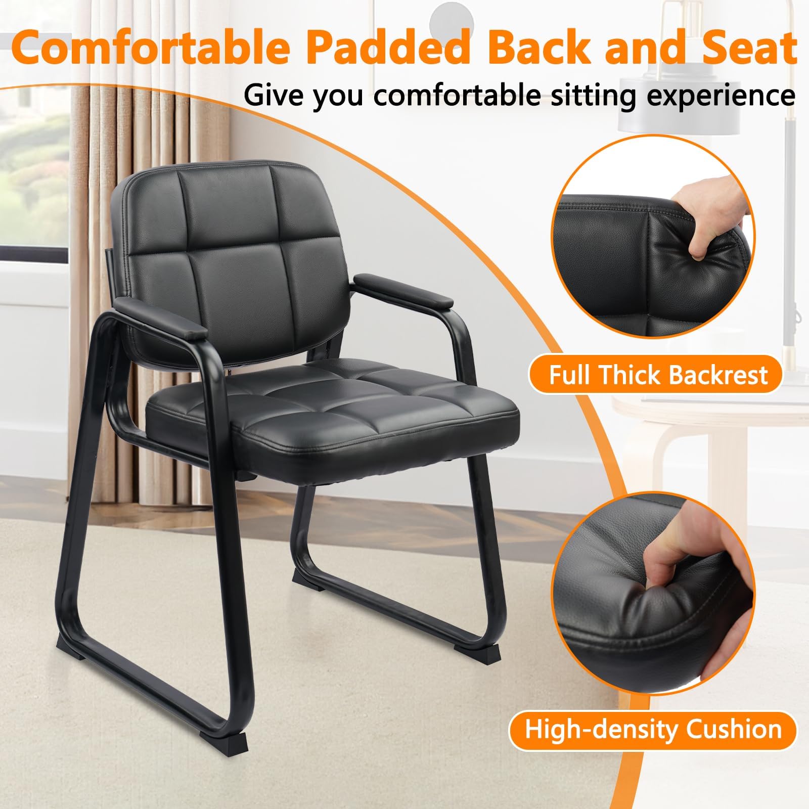 CLATINA 2-Pack Black Leather Waiting Room Chairs - Padded Arm Guest Chairs with Sled Base for Office Reception, Conference Rooms & Lobby Seating | Durable No-Wheels Design for Professional Spaces