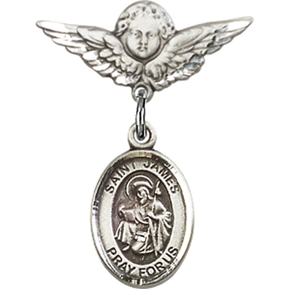 St. James The Greater Sterling Silver Baby Badge with Angel Wing Charm - 7/8 X 3/4 Inch Religious Pin for Baptism, Christening & First Communion Gifts